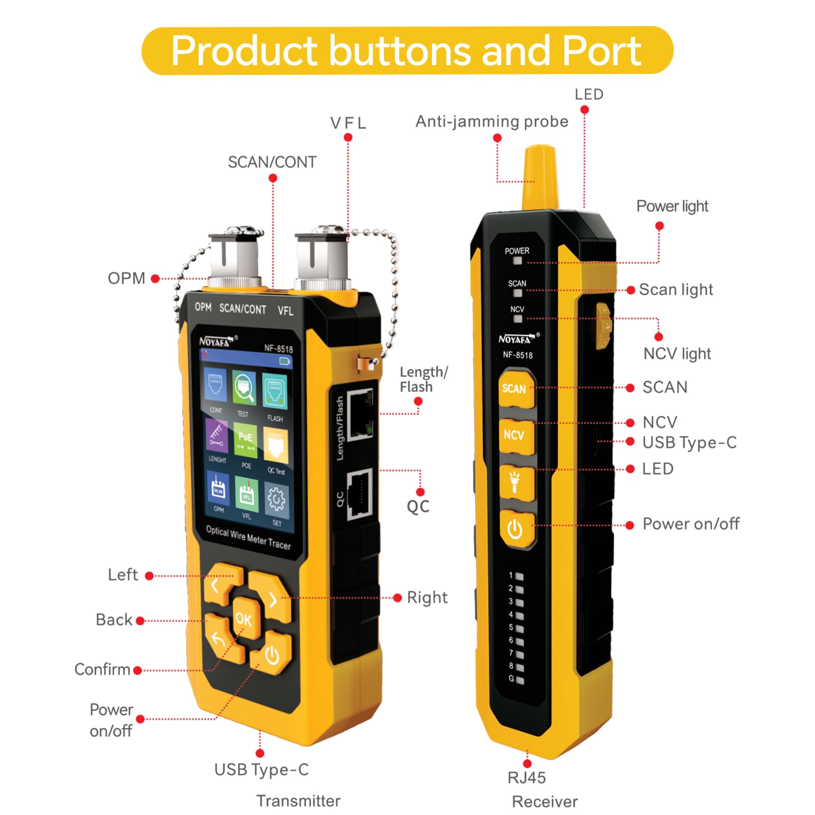 NOYAFA NF-8518 Netzwerkkabeltester mit optischem Leistungsmesser, Ethernet-Kabeltester, CAT6-Kabelortungsgerät, VFL-PoE-QC-Port-Flicker, Längenmessung, Glasfaser-Fehlerortungsgerät | Ethernet-Kabeltester, RJ45, CAT5, CAT6, Kabel-Tracker, NCV-PoE-QC-Port-F