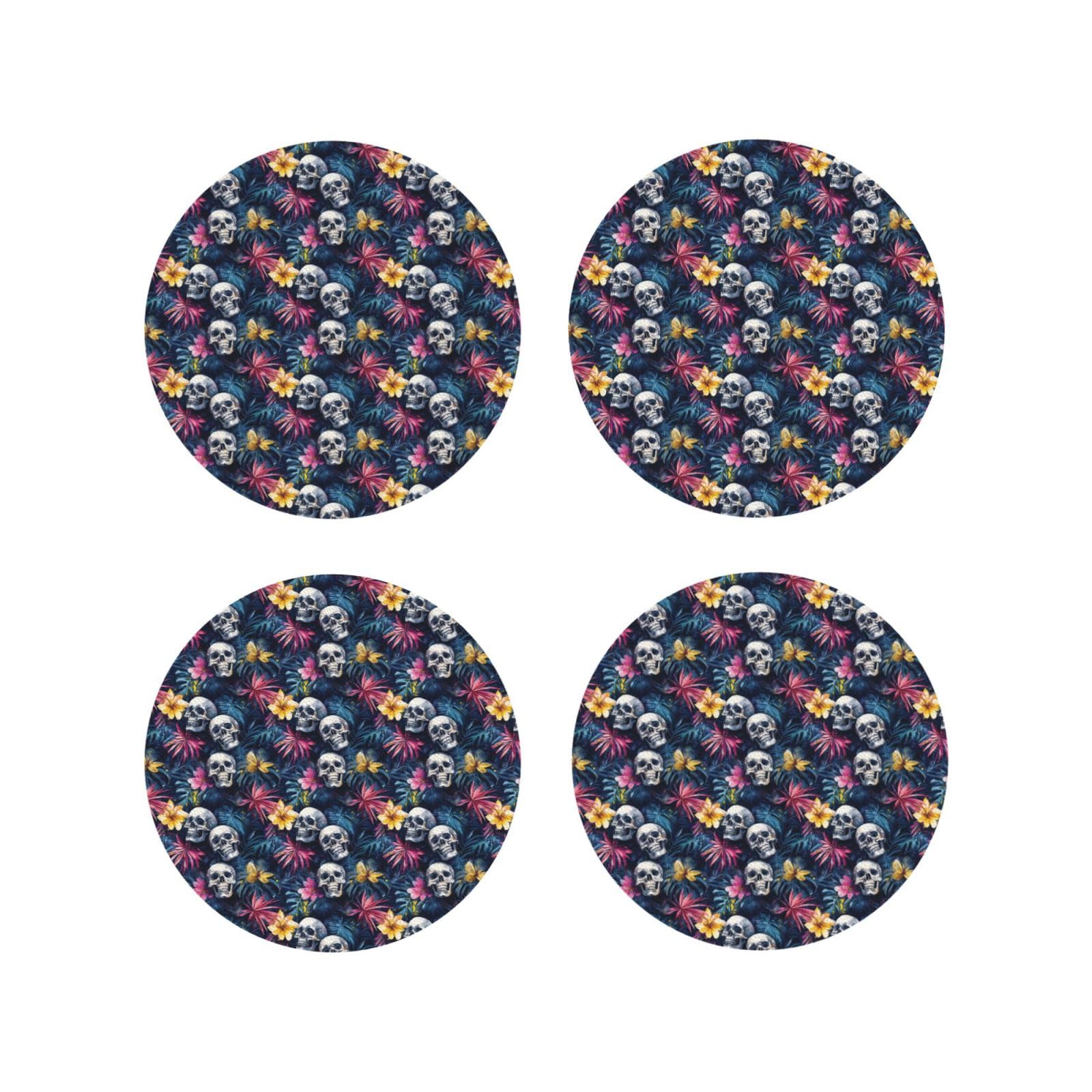Leather Coasters Set of 4 - Hawaiian Floral Skull Print Lightweight Drink Coasters for Desk