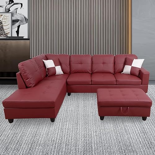 Ponliving Furniture Modern L-Shaped Leather Sectional Sofa Left Hand Facing (Red)