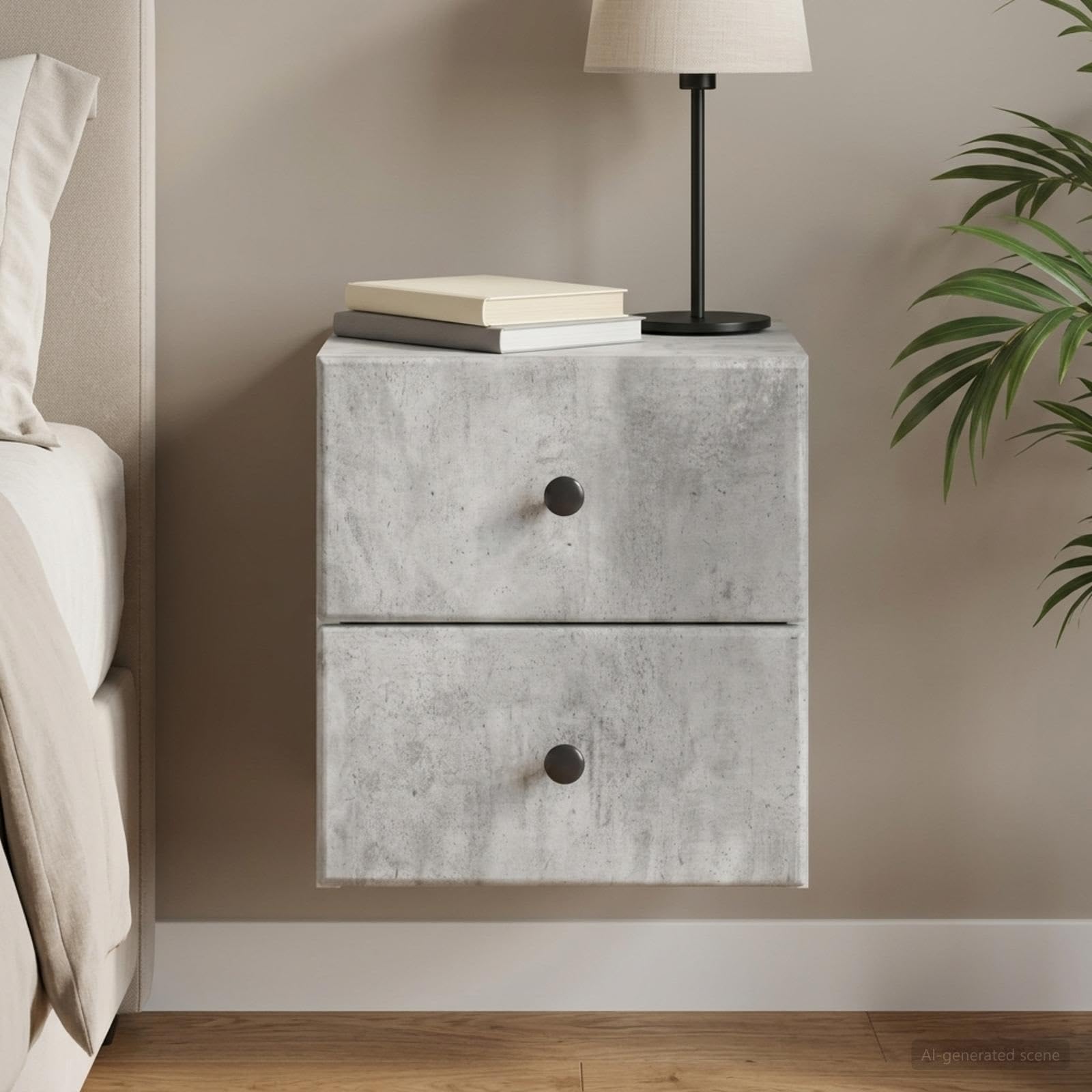Mobiletto da notte a muro Grigio cemento 34,5 x 33 x 40 cm con cassetti e ripiani, supporto salvaspazio per camera da letto, soggiorno o ingresso, facile da montare