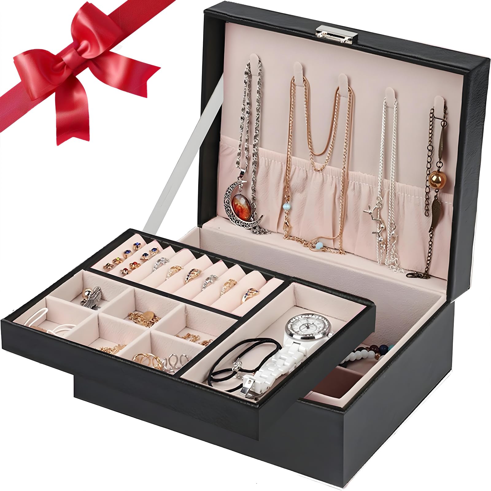 Yaojucye Black Jewellery Box For Girls, 2 Layers Jewellery Organiser, Pu Leather, Travel Jewellery Box For Earrings Rings Necklaces Watches Bracelets, Large