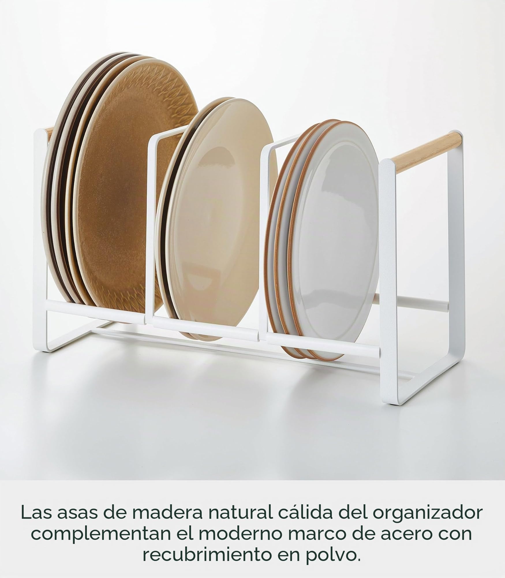 YAMAZAKI 2963 TOSCA Estante para platos ancho, blanco, Acero/Madera, minimalista, 34.5 x 16.5 x 20 cm