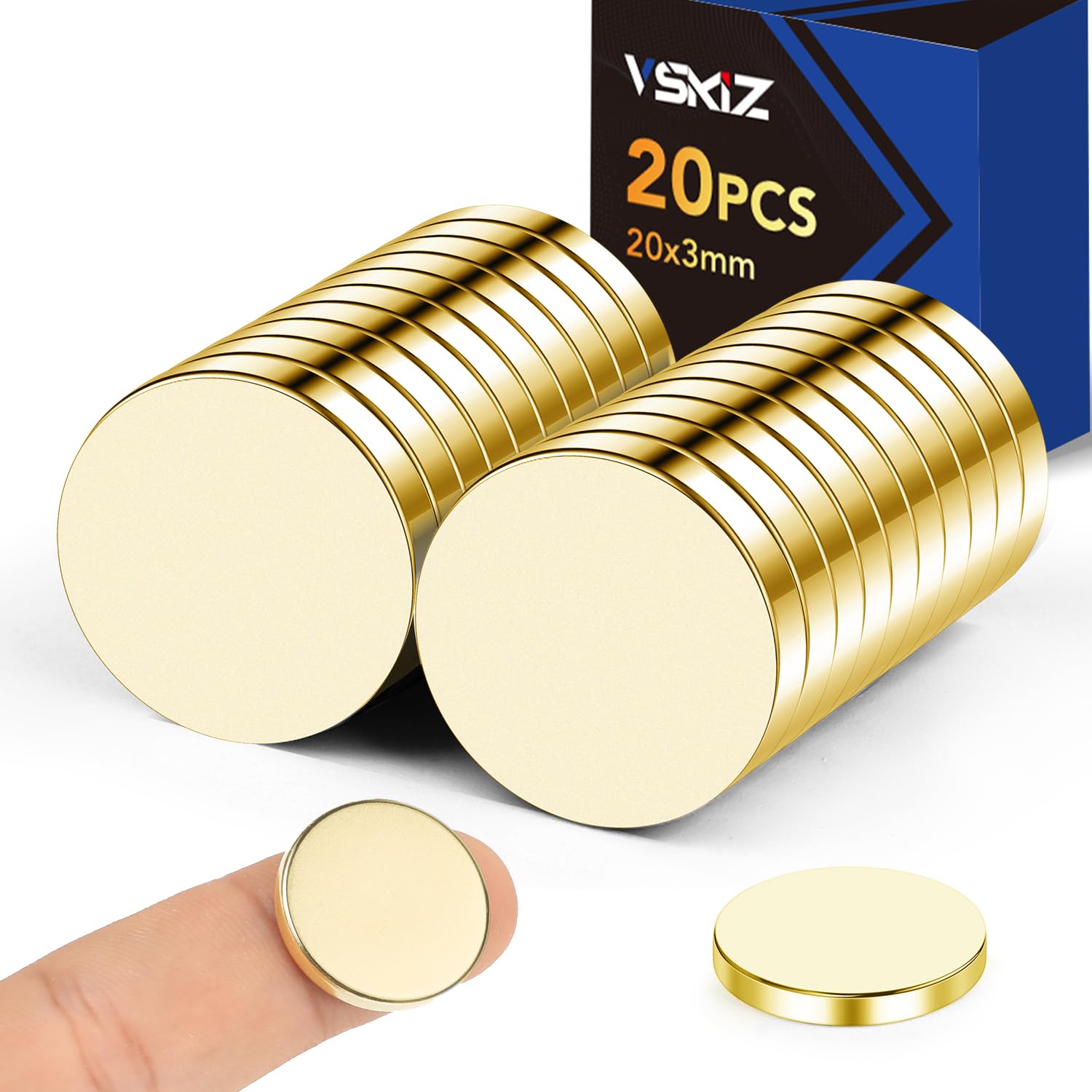 VSKIZ 20Pcs Small Magnets, 20x3mm Rare Earth Magnets Small Golden Magnet for DIY, Whiteboard, Kitchen, Office