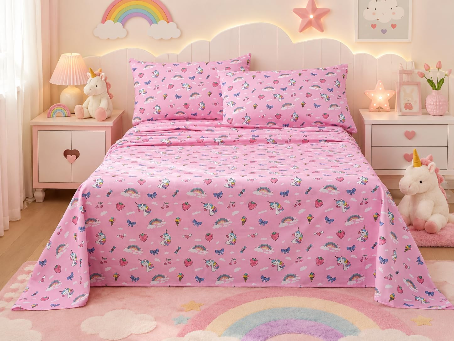 YIYEA Full Kids Printed Cotton Sheet Set, 100% Cotton, 16" Deep, 4-Piece | Substantial 100% cotton with a soft, breathable feel, 16-inch deep pocket fitted sheet and secure zipper pillowcases.