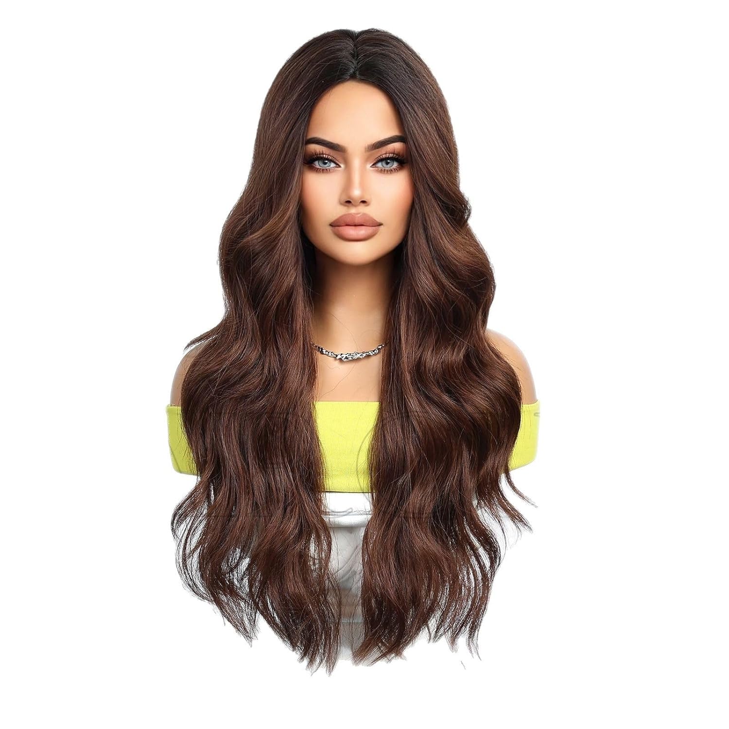 Dark brown human hair wig, long curly hair, middle-parted bangs, light and knot-free, natural hairline, suitable for daily wear (Dark brown,28inch)