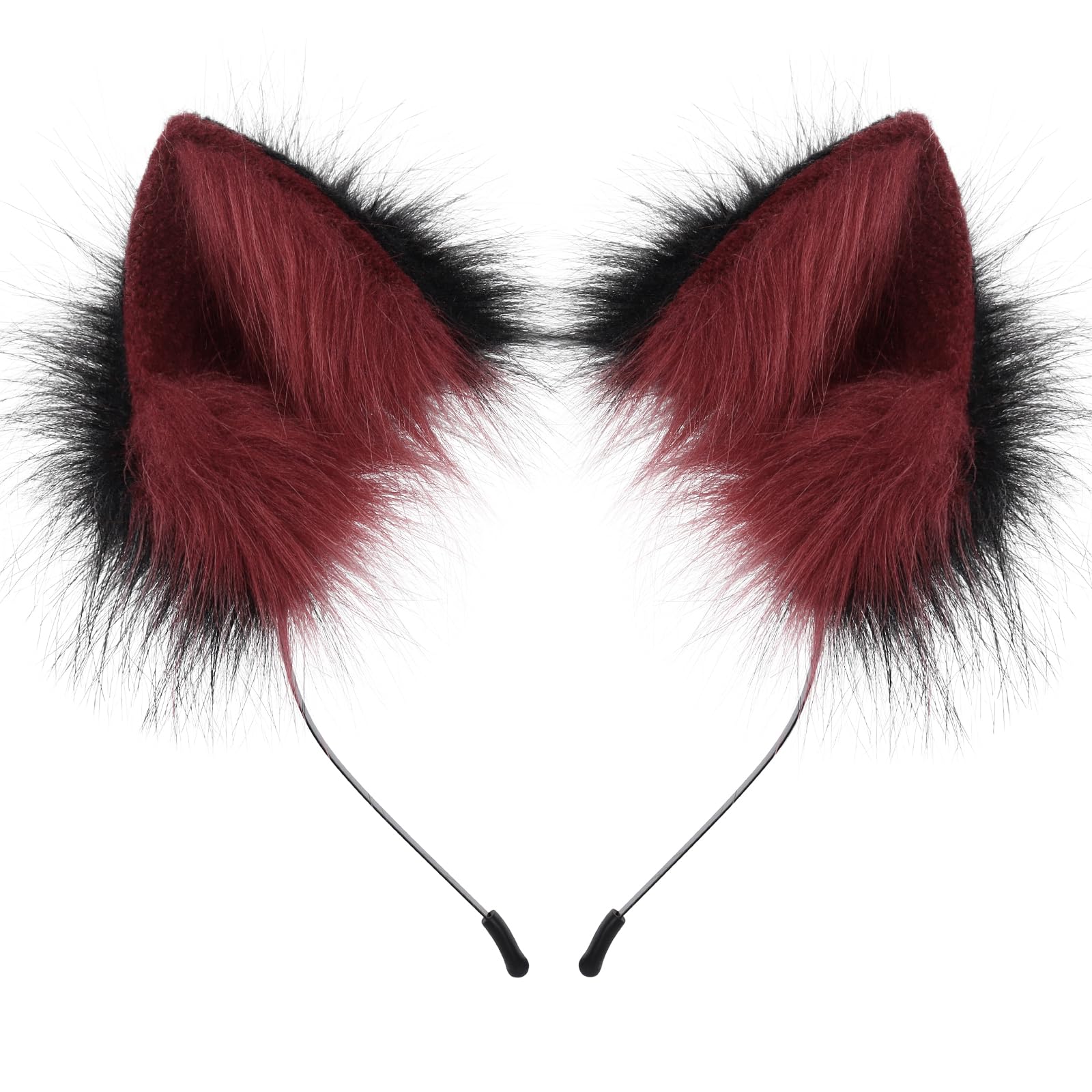 HAOAN Handmade Faux Fur Animal Cat Ears Headband Furry Fox Wolf Hairhoop Headwear Costume Accessory, Redblack, One Size