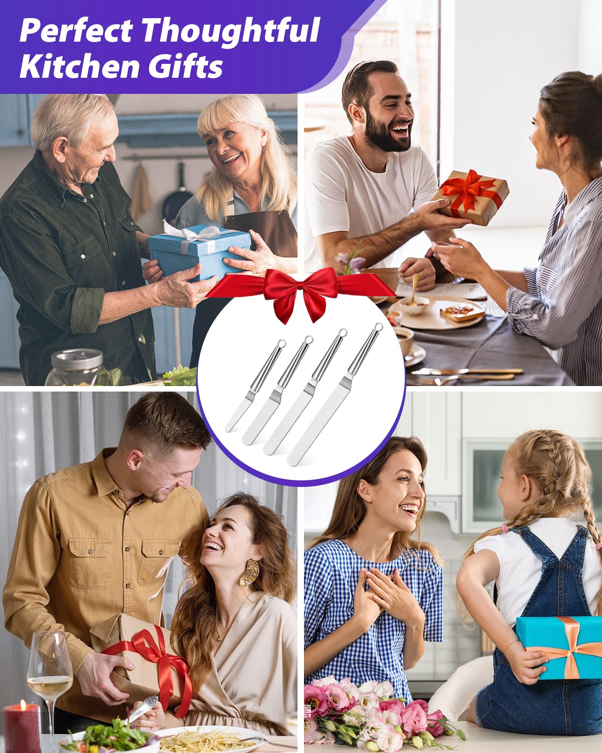 Espátula de glaseado compensada, juego de espátulas en ángulo para tartas con cuchillas de 4, 6, 8 y 10 pulgadas, mango de acero inoxidable adecuado para el hogar, cocina o panadería 7