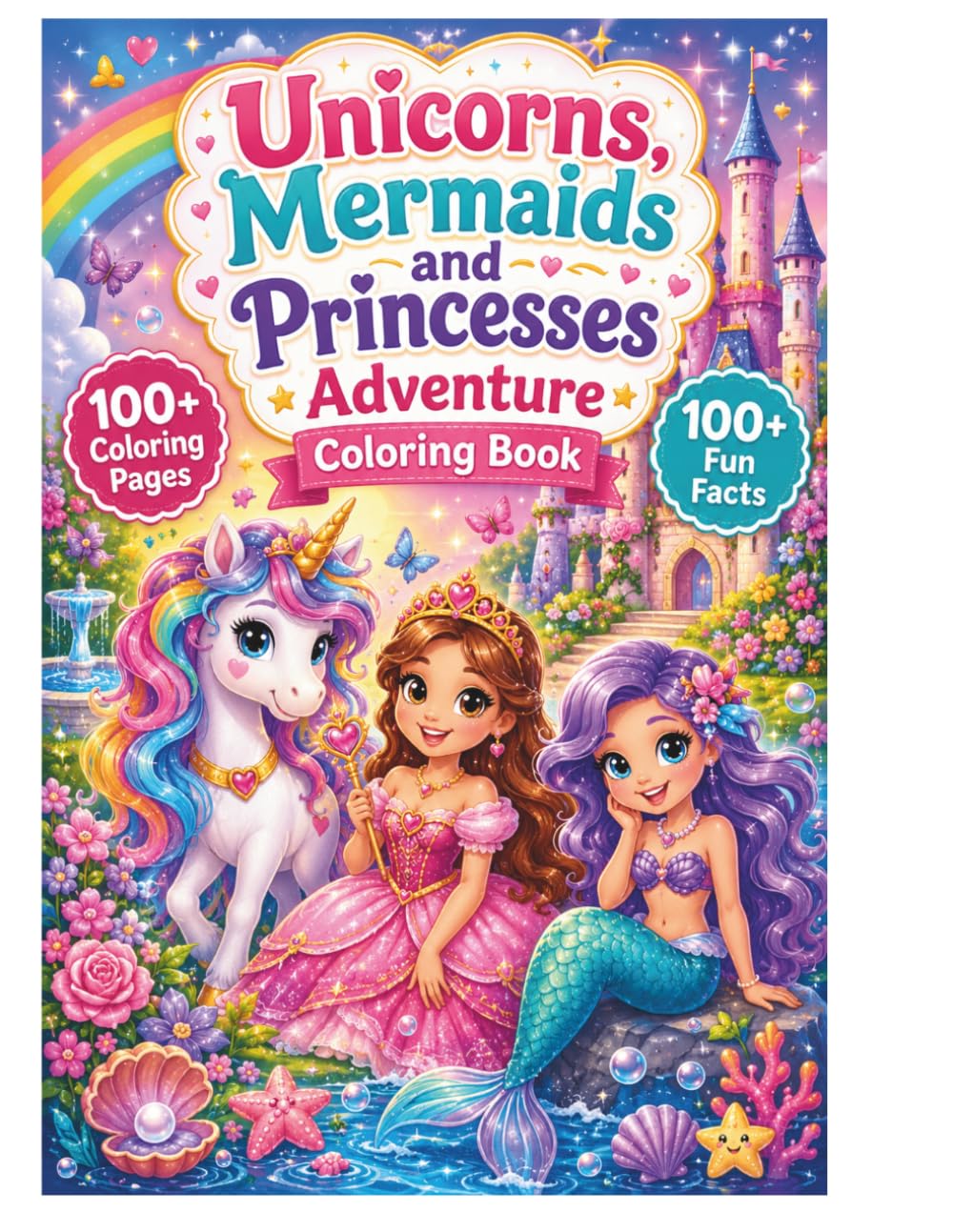 Unicorns, mermaids and princesses adventure coloring book: 100+ Coloring Pages and 100+ Fun Facts Filled with Unicorns, Mermaids, Princesses, Rainbows, Castles, and Ocean Magic