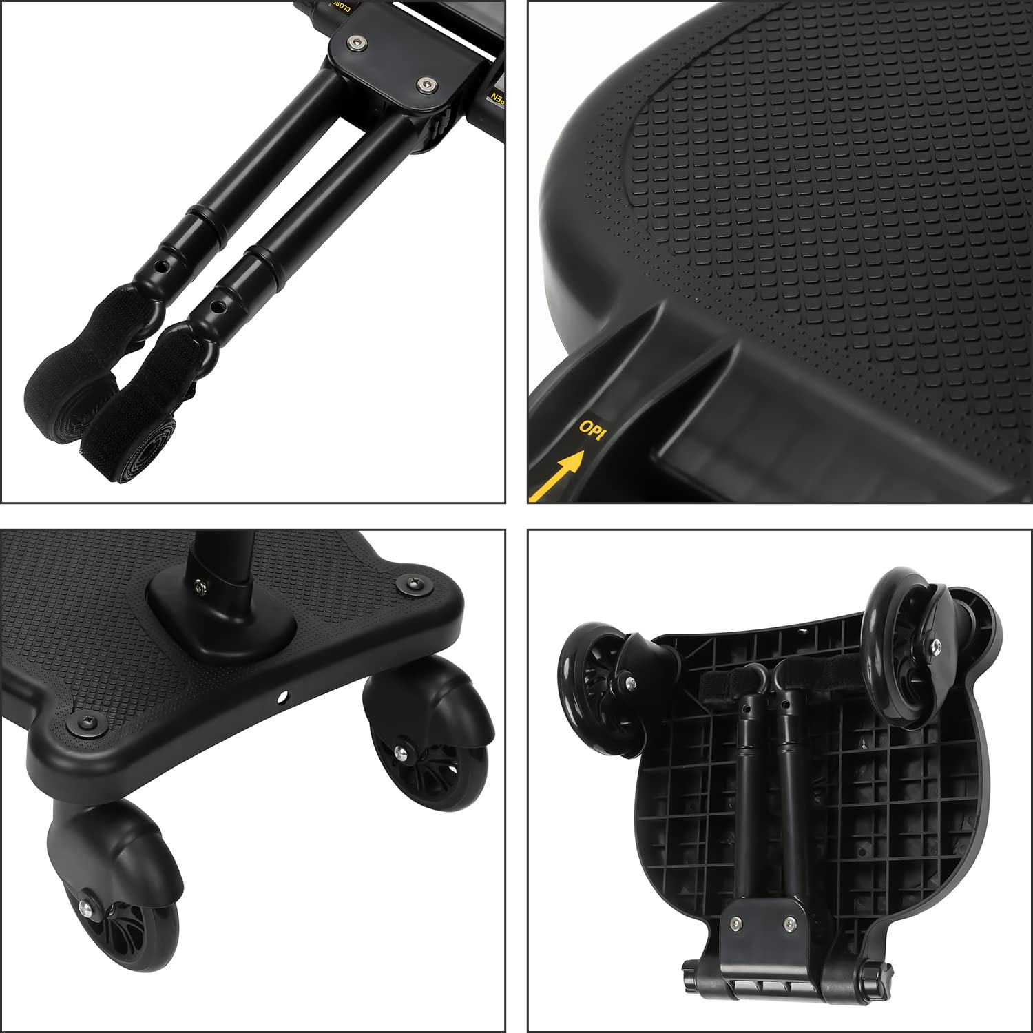 Buggy Board mit Sitz, Kiddy Board Trittbrett, Universal Stehbrett, 360°Zweirad Design, Kinderwagen Zubehör, mit Kinderwagensitz, passend für jeden Kinderwagen erhältlich(Schwarz)