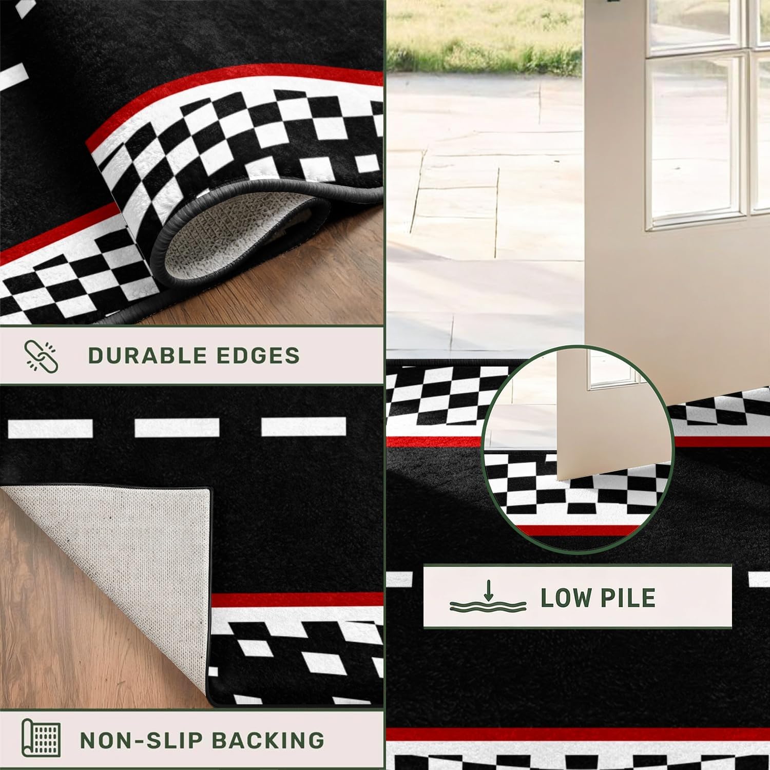 Racing Car Track Runner Rug,1.3x7ft, With Starting Point Car Racing Contest Game Mat Black Honeycomb Geometry Rugs for Bedroom Playroom Bedside, Black White Plaid Indoor Floor Mat for Adults Kids