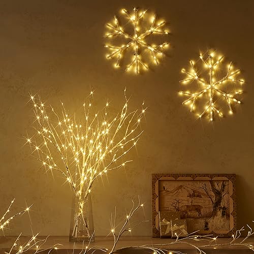 Miniatura 4 de Fudios Copo de nieve iluminado LED blanco cálido funciona con pilas con temporizador de 70 litros, luces de hadas de 14 pulgadas para decoración de