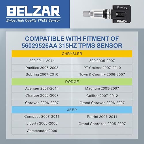 Miniatura 4 de BELZAR Sensores TPMS de presión de neumáticos 56029526AA 56053030AC 315MHz Sensor de repuesto preprogramado compatible con Chrysler Dodge Jeep