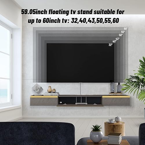 Miniatura 9 de Pmnianhua Estante flotante para TV, consola flotante de madera de 59 pulgadas, estante multimedia de entretenimiento, unidad de pared de TV con 2