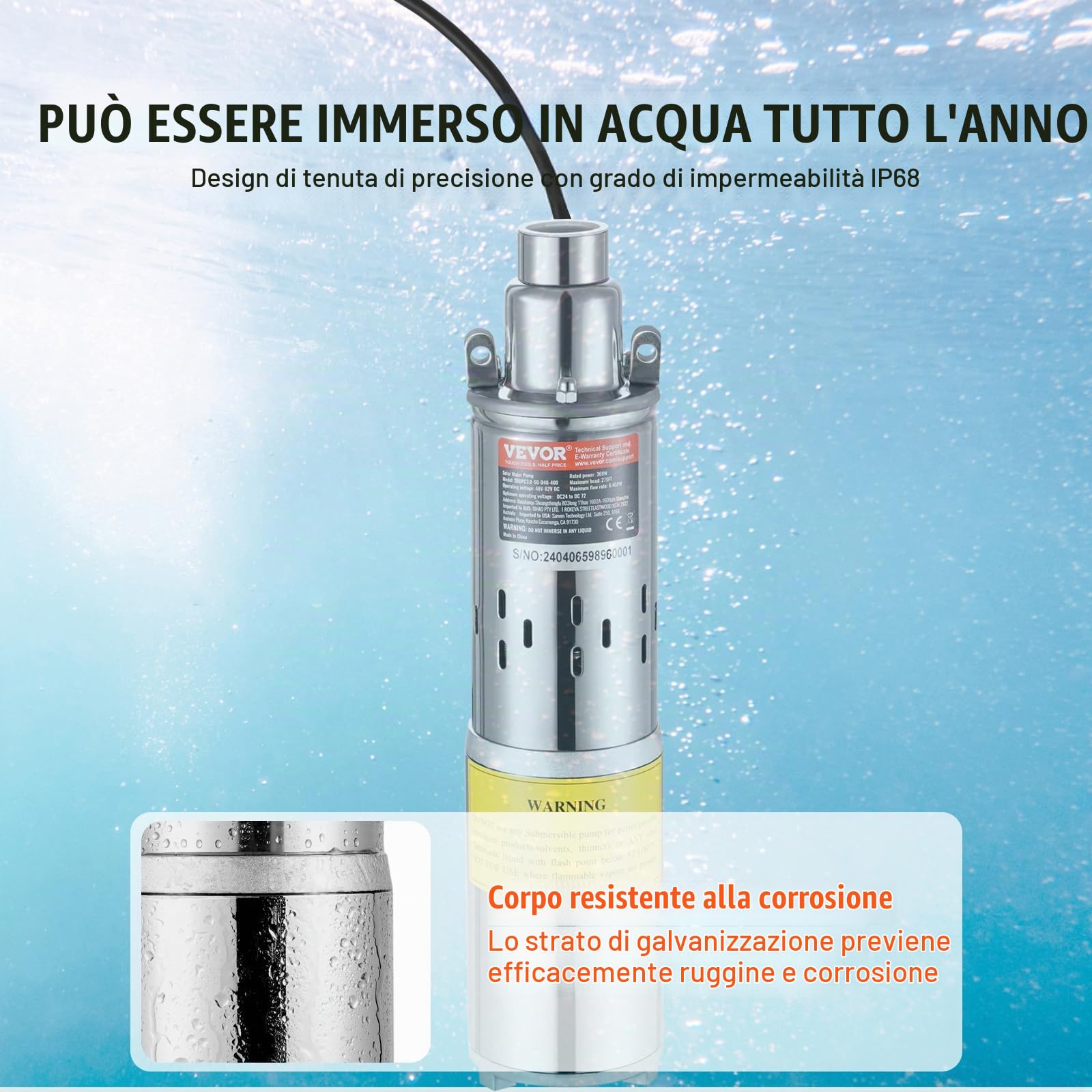 VEVOR Pompa Sommergibile Solare 369 W Pompa Sommergibile per Pozzi Profondi 48 V CC Portata 1,9 m³/h Prevalenza Massima 83,29 m Immersione Massima 20 m Irrigazione di Pascolo, Abbeveraggio Bestiame
