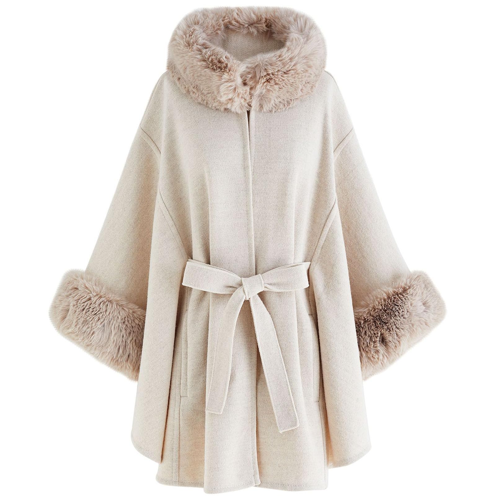 CHICWISH Women's Oatmeal/Grey/Black/Pink Self-Tie Bowknot Faux Fur Poncho