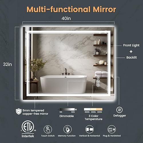 Miniatura 3 de Espejo de baño LED de 40 x 32 pulgadas con luces  Espejo de tocador de baño con luz LED antivaho con luces, espejo de baño inteligente regulable