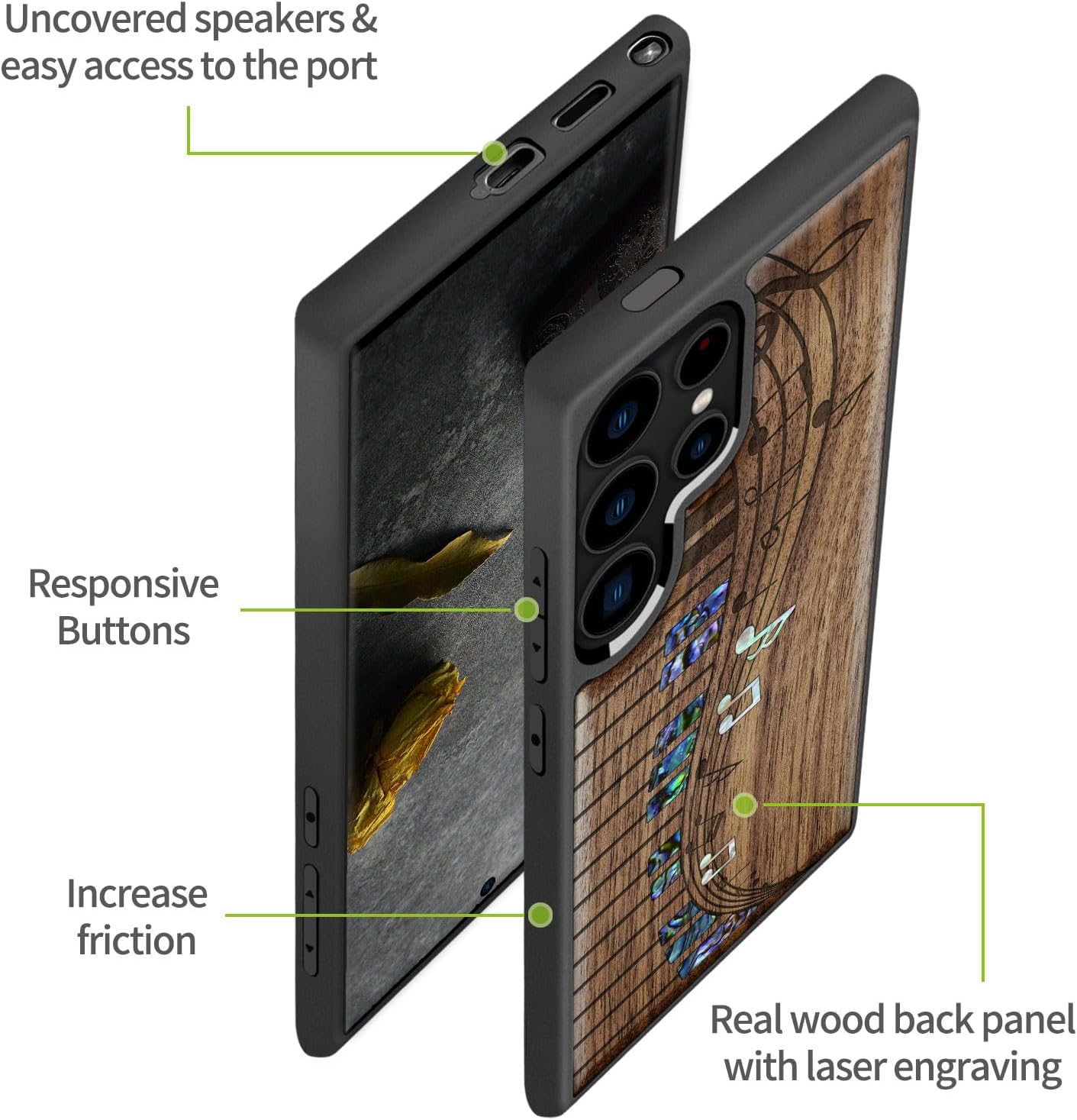 Carveit Designer Wooden Case for Samsung Galaxy S24 Ultra Case [Wood Engraving & Shell Inlay] Compatible with Wireless Chargers S24 Ultra Cover (Melodic Waves-Walnut)