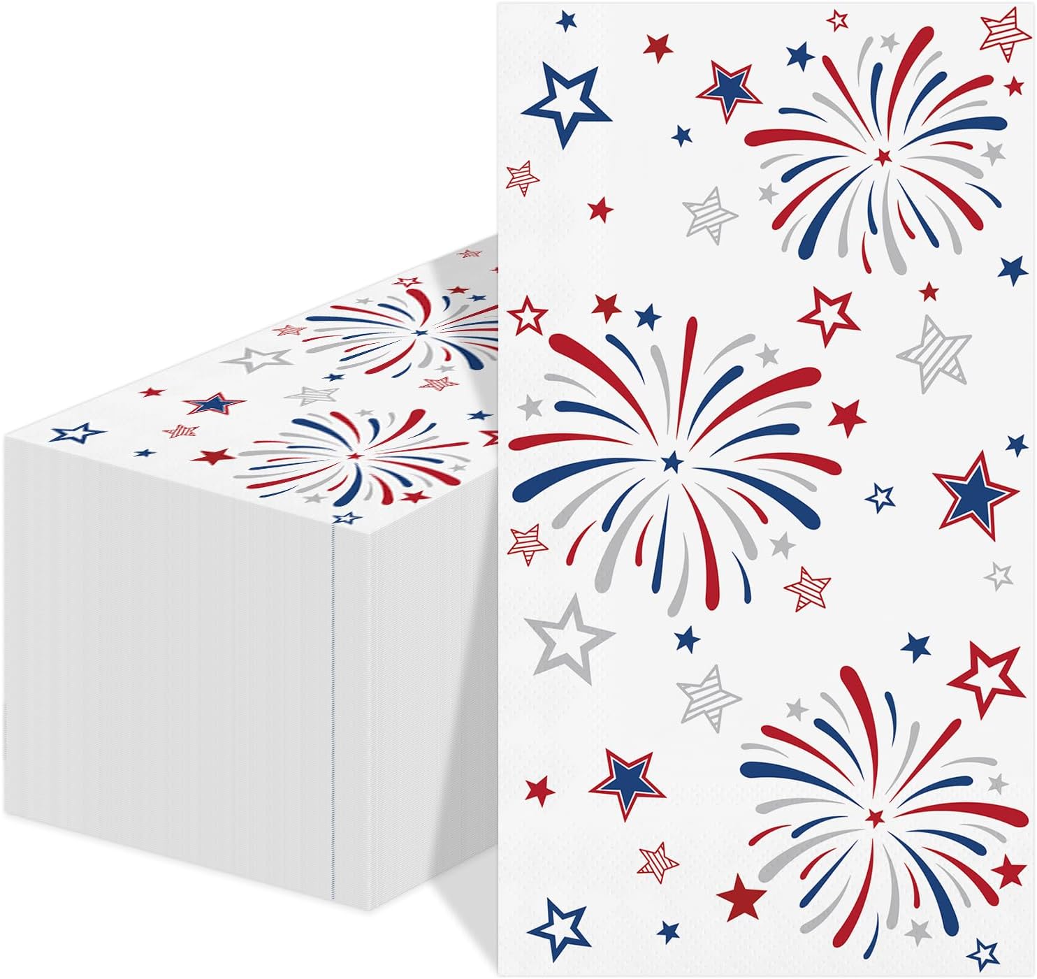 100 Pcs 4th of July Guest Napkins Patriotic Designs with Red White Blue Stars & Fireworks, Disposable Dinner Napkins for Independence Day Party Supplies & Table Decor，4.3"*7.8"