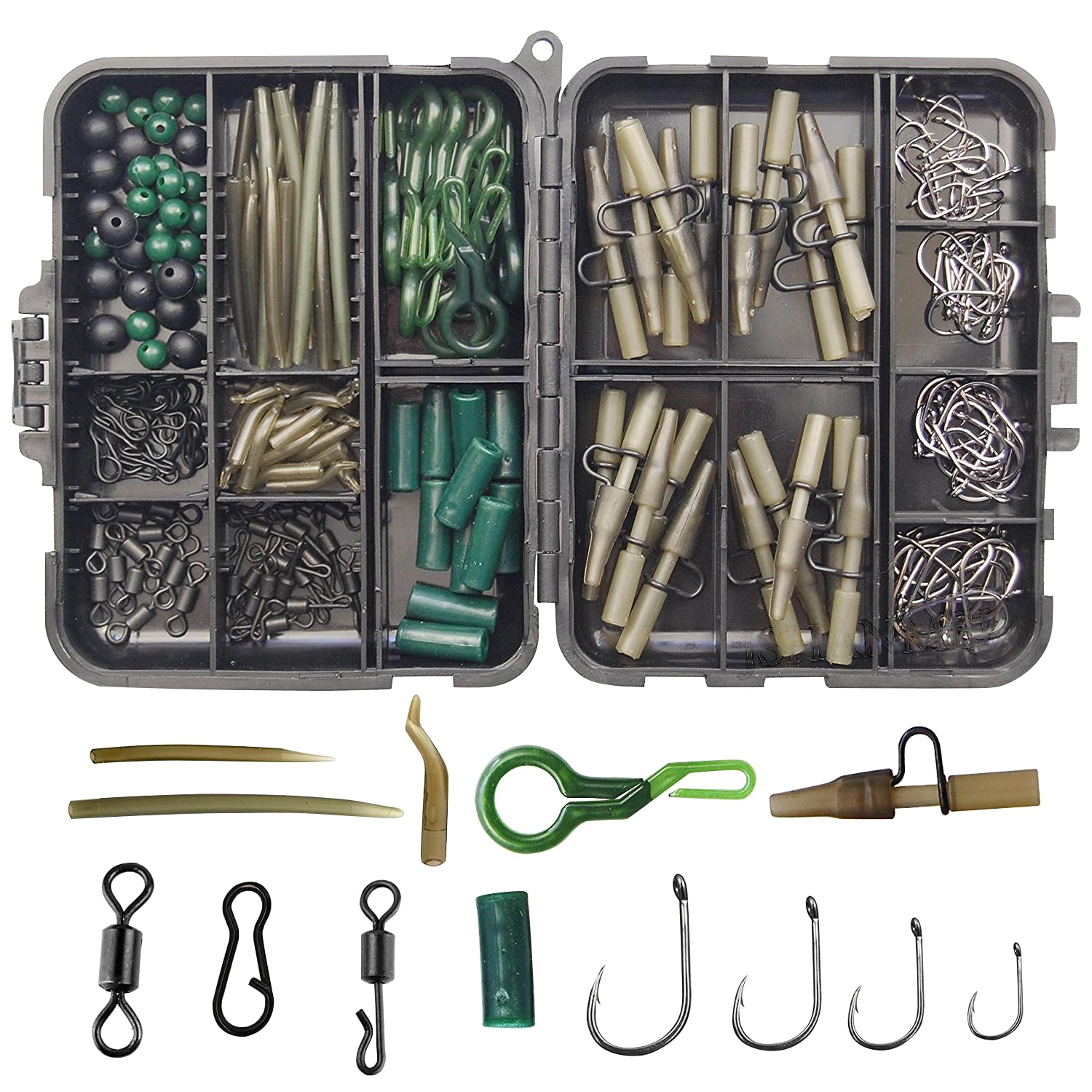 160pcs Carp Fishing Tackle Box Kit Including Quick Change Swivels Carp Hooks Beads Rig Tubes Leader-Clips Anti-tangle Sleeves Baits Carp Fishing Terminal Tackle