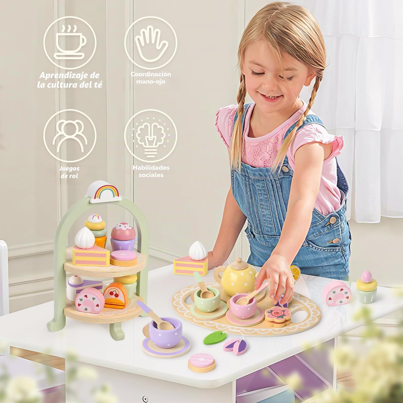 Vajilla de té de Madera para bebé, niño, Juego de Fiesta de té, Expositor para Cupcakes, Tetera, Tazas de té, dinette Infantil, Cocina de Madera, Juegos de rol, Juguete Educativo, Regalo de