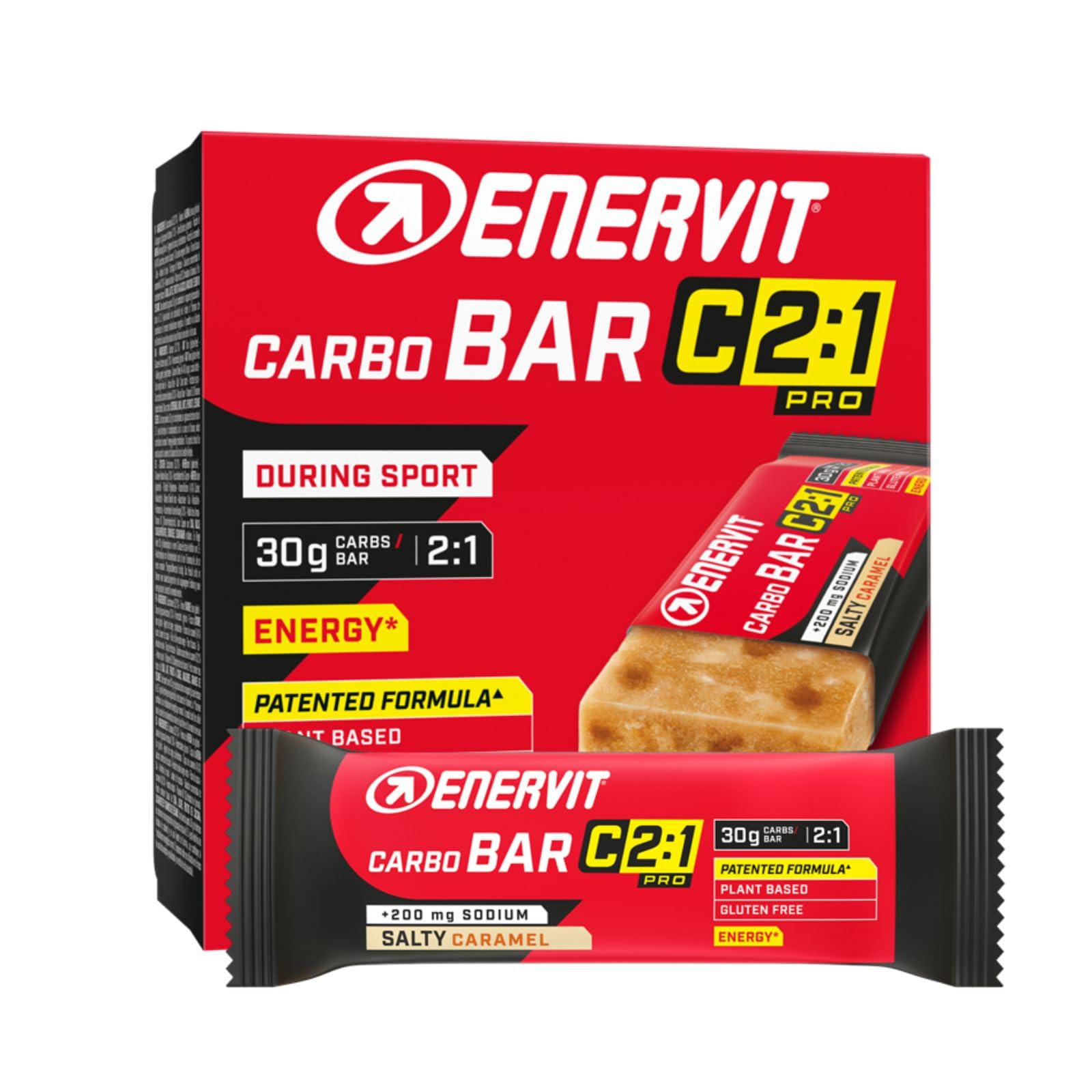Enervit Carbo Bar C2:1PRO Salty Caramel, Energieriegel für Ausdauertraining mit 30g Kohlenhydraten, Optimierte Kohlenhydrataufnahme (+50%), mit Natrium, Glutenfrei & VeganOK, 12 Riegel à 45g