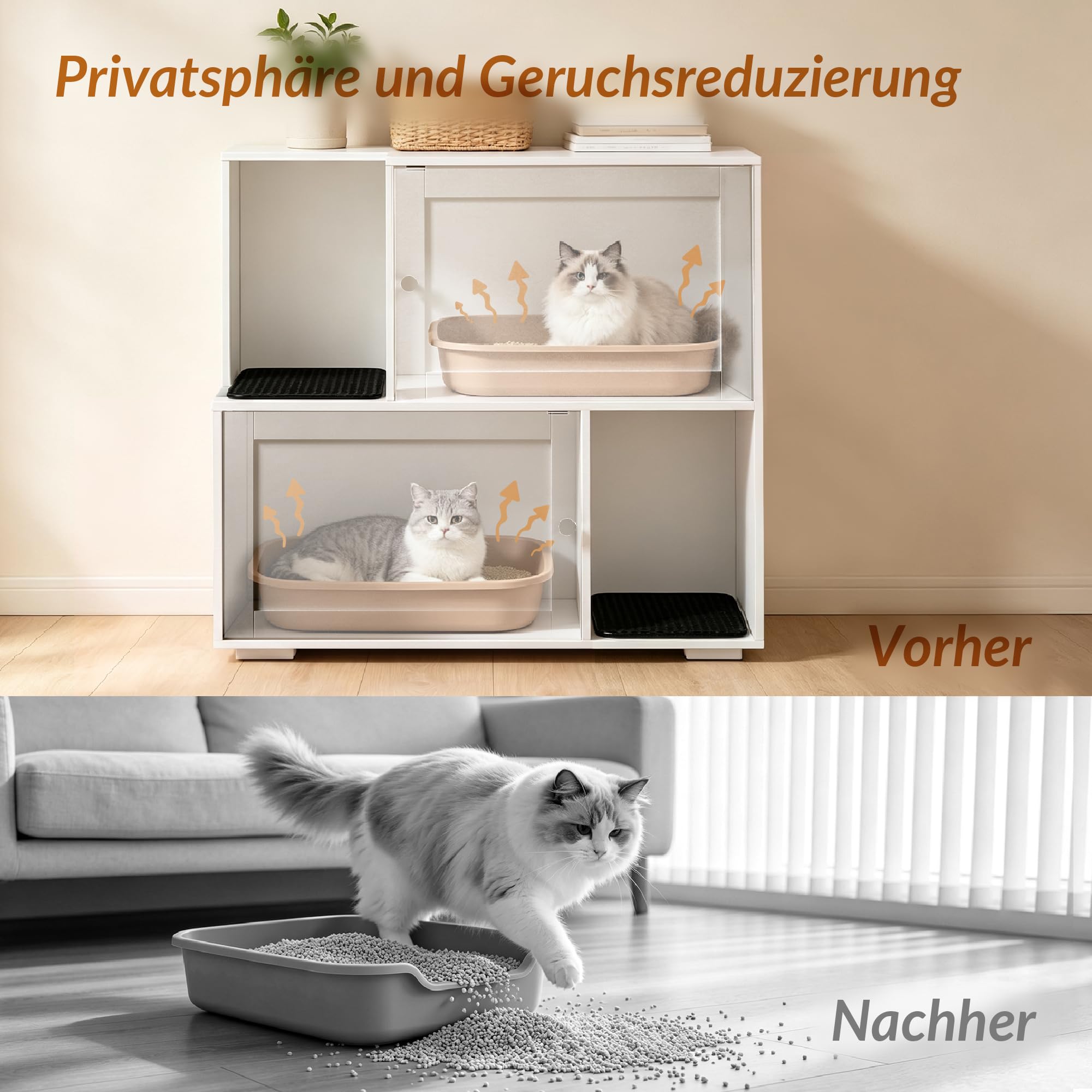 Katzenklo Schrank, doppelstöckig, mit 2 Katzenstreumatten