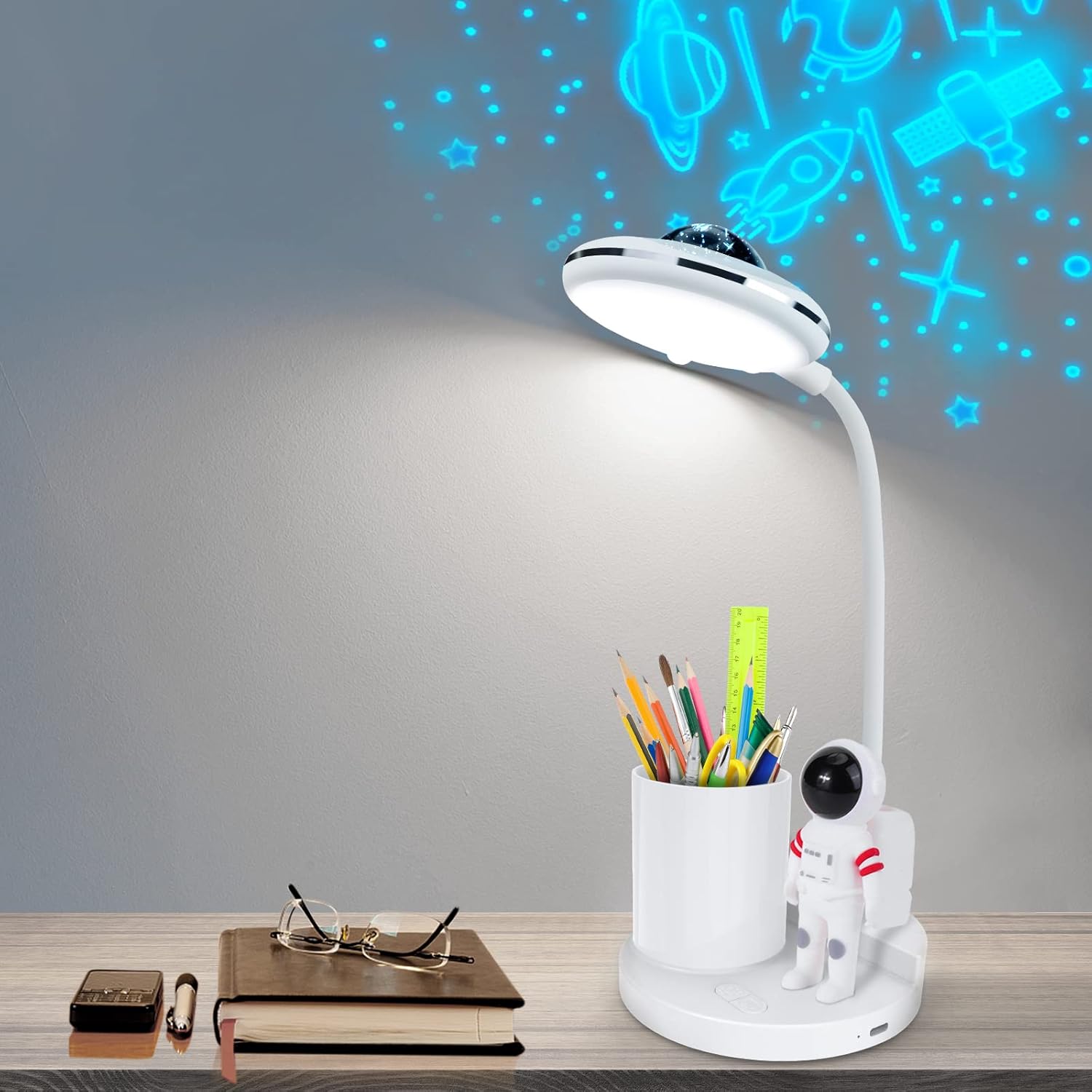 VUENICEE Lámpara Escritorio LED, Lámpara de Escritorio Infantil, Lámpara de Mesa USB Recargable con Proyector de Estrellas y Portalápices, Lámpara de Mesa Regulable para Estudiar