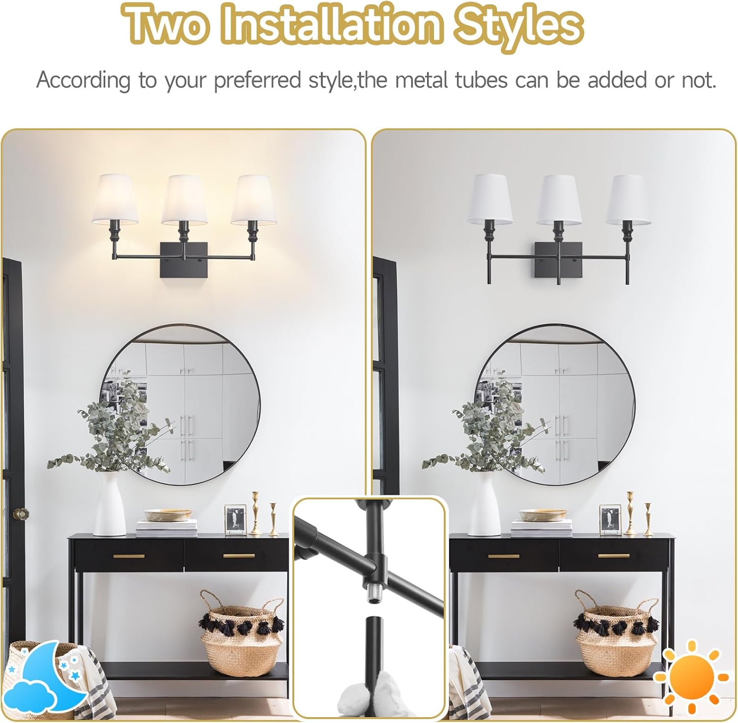 vanity lights for bathroom,23.6 in black bathroom light fixtures over mirror,vintage 3-light vanity light with flared white fabric lampshade for bedroom,hardwired hallway sconce light,e12 base black 3-light
