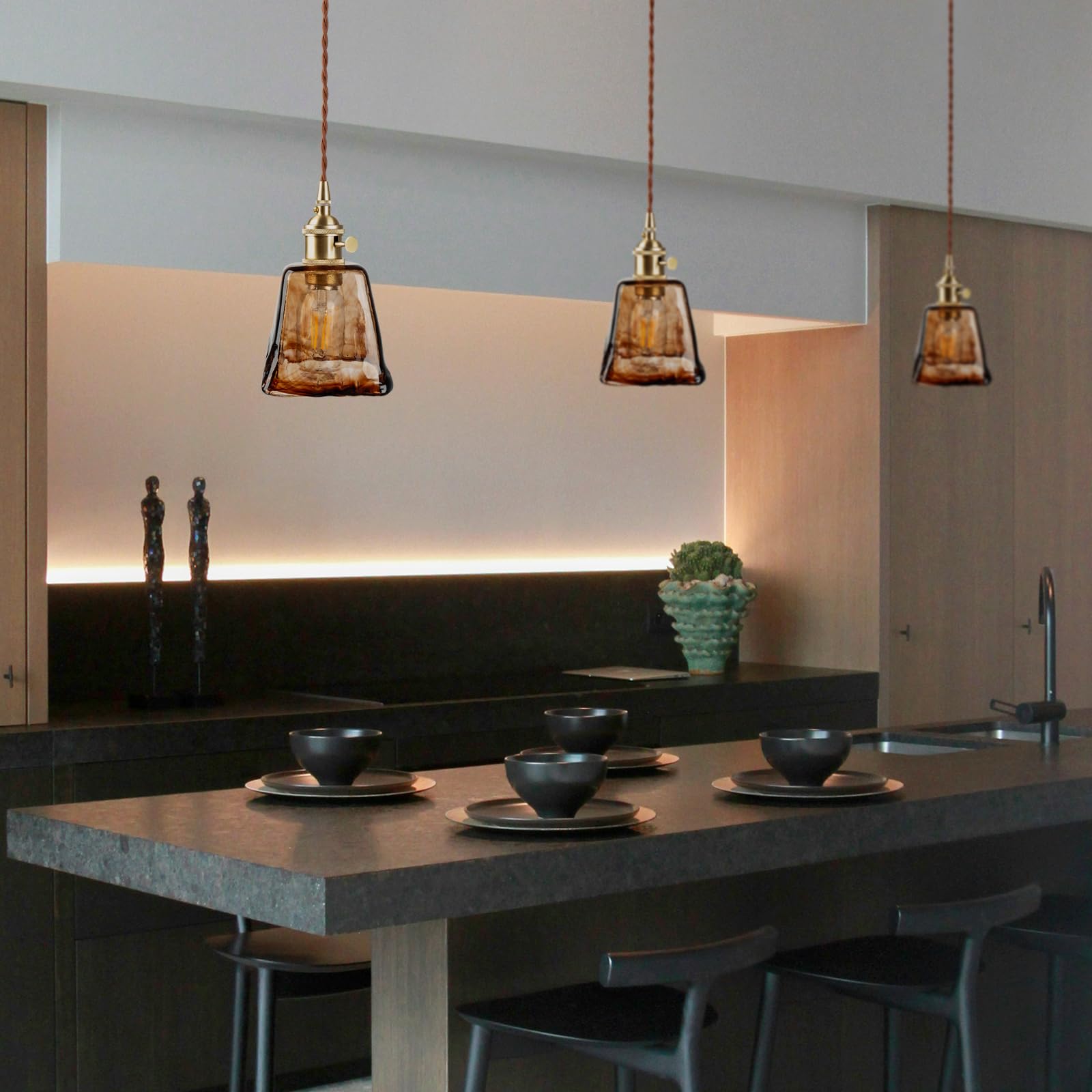 Chrasy E27 Moderne Lampada a Sospensione in Vetro Trasparente Lampada Loft Lampadario Vetro Strutturato Ottone per Isola Cucina Sala Da Pranzo