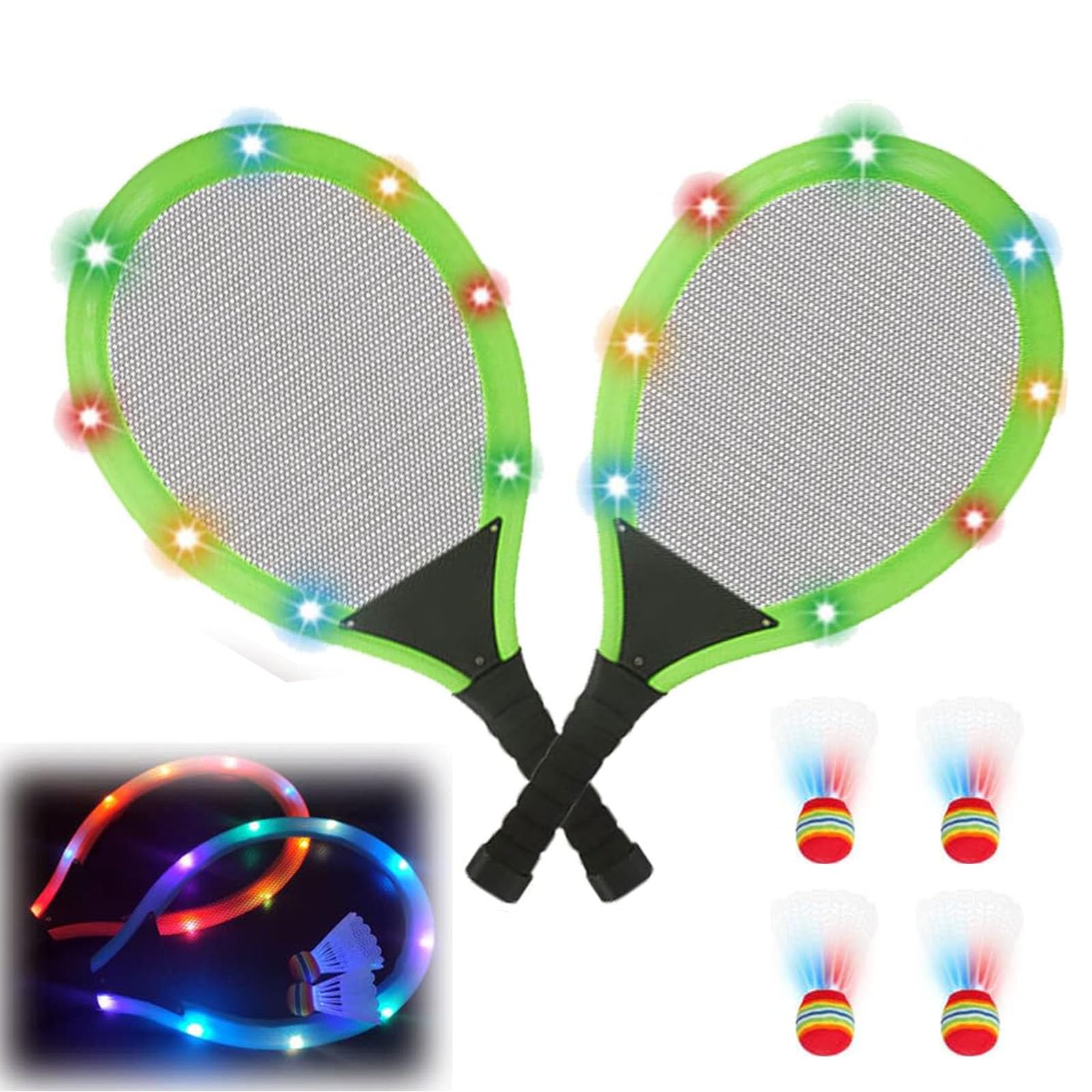 Led Light-Up Badminton Racket Set, Oversized Goose Feather Shuttlecocks for Adolescent Adults Outdoor & Indoor Sports Activities Sport,Glow in The Dark to Illuminate Badminton