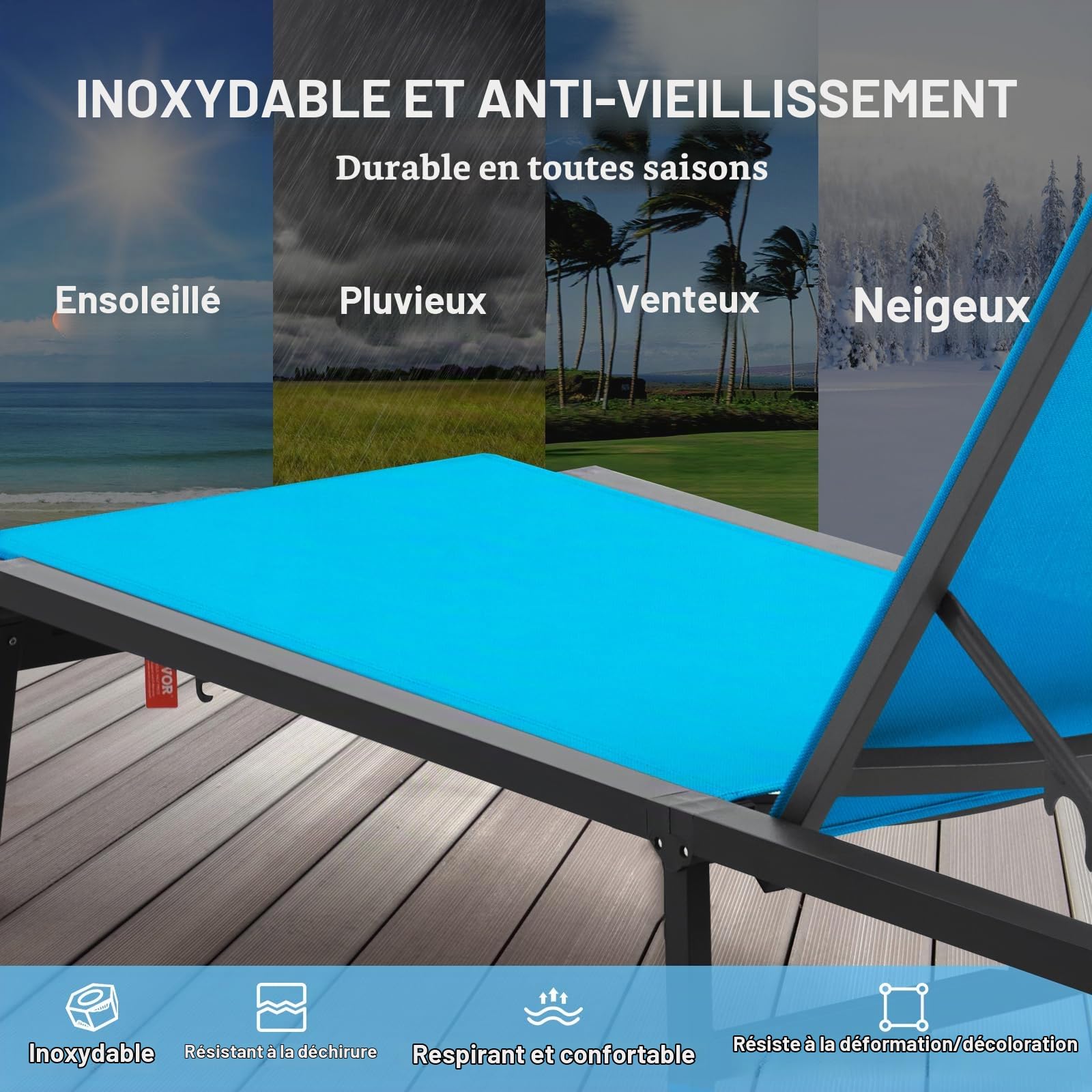VEVOR Chaise Longue Jardin extérieur, transat de Patio Pliable Aluminium avec 5 Positions réglables, Chaise inclinable de Bronzage entièrement Plate pour terrasse, Plage, Piscine, en Plein air, Bleu
