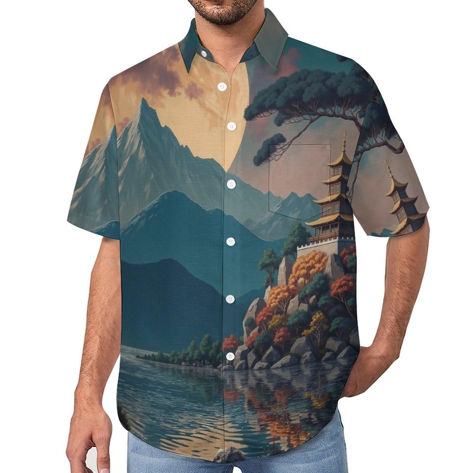 Camicie da Uomo a Maniche Corte con Stampa della Montagne Luna Paesaggio Giapponese, Casual Leggere Bottoni Camicia con Tasca Frontale, per Vacanze Spiaggia Estate