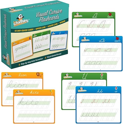 Channie's Tarjetas visuales cursivas, 43 tarjetas flash de escritura cursiva de borrado en seco, práctica diaria de seguimiento de letras cursivas