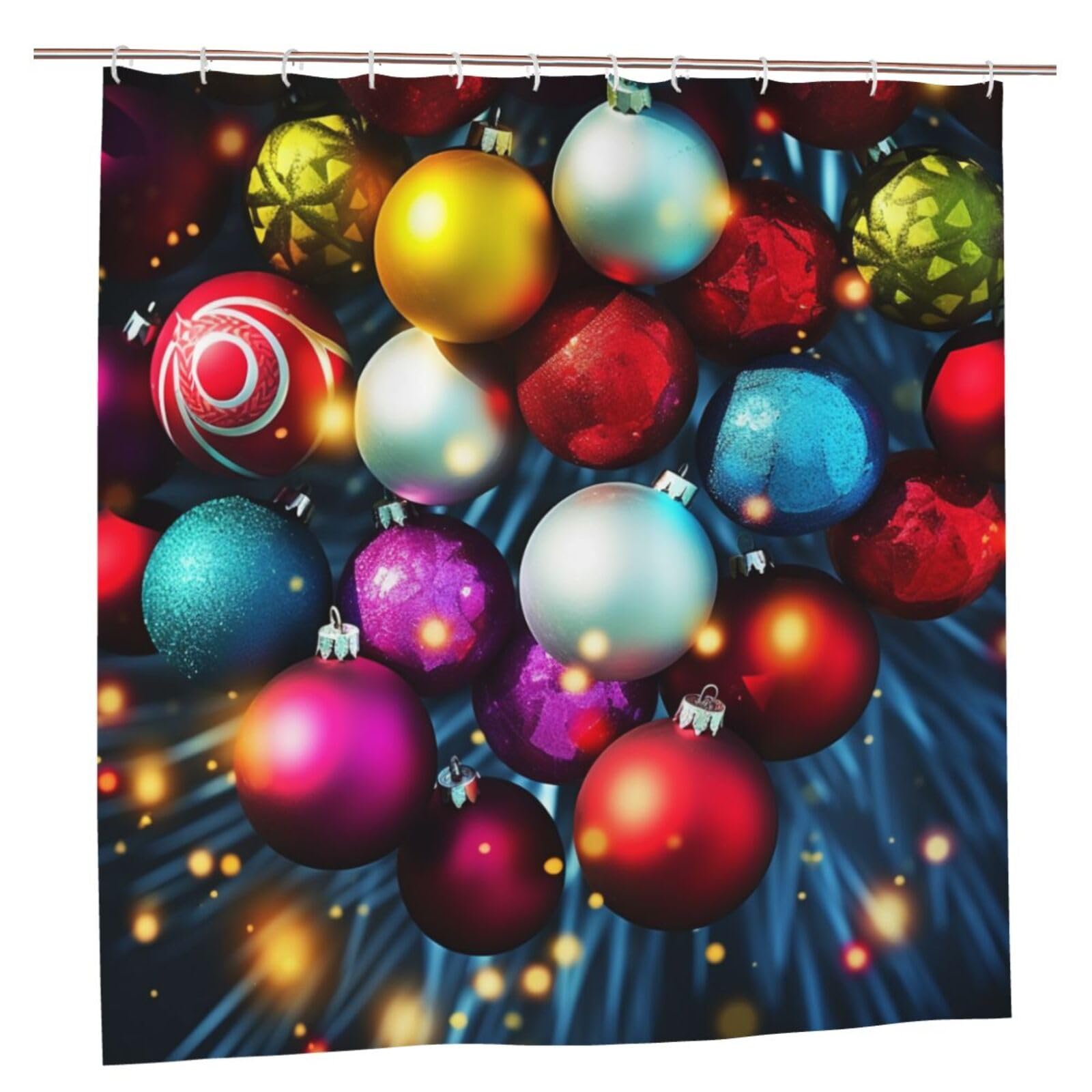 BWWHCCTI Colorful Xmas Balls Printed Shower Curtain With 12 Plastic Hooks Opaque Quick Drying Waterproof Shower Curtains Sets For Bathroom 183x183 CM