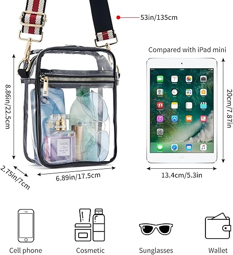 Miniatura 3 de Bolso cruzado transparente aprobado para estadios, correa de hombro ajustable, bolsa cruzada transparente para conciertos, eventos deportivos