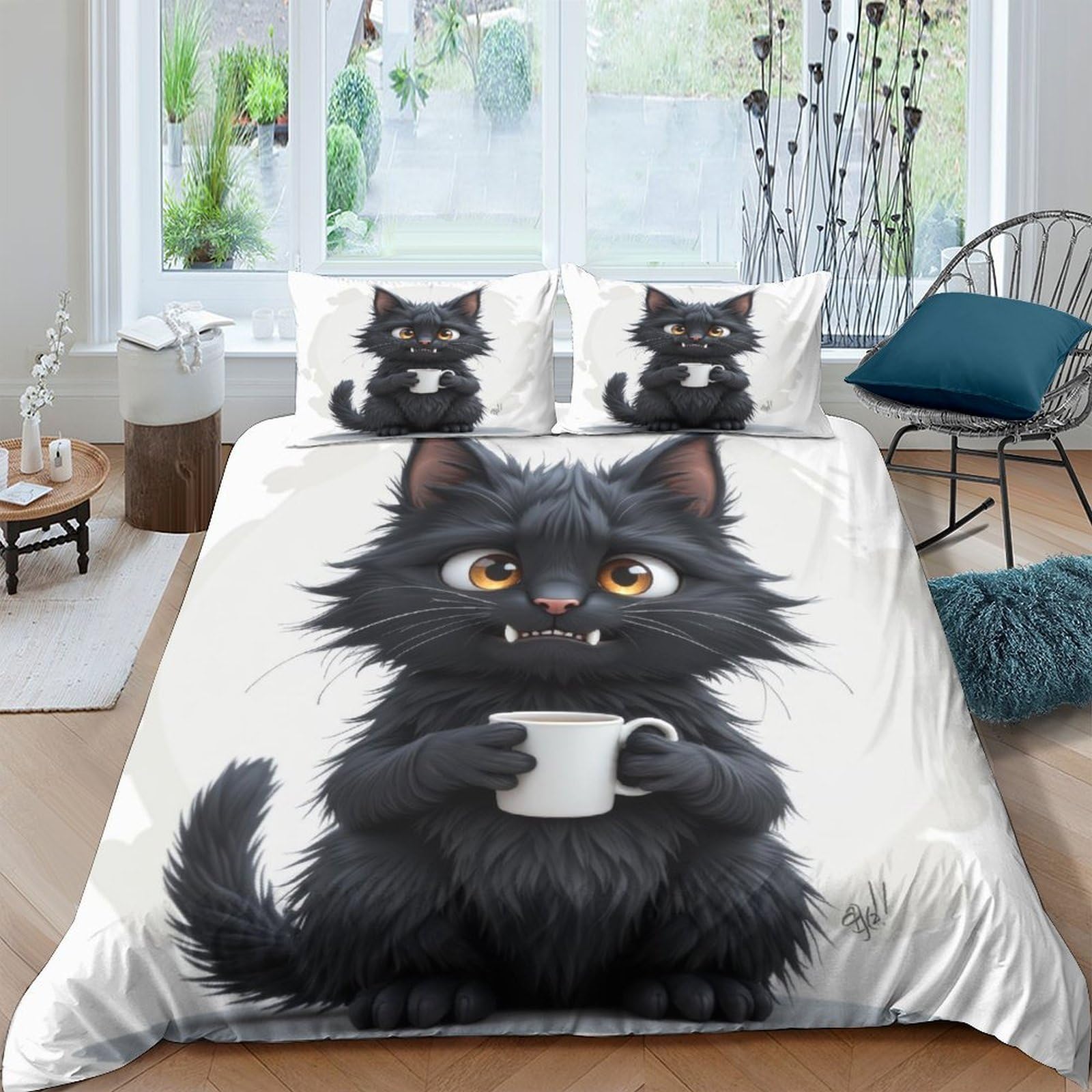 Ctjqhvkz Style-1 3D Printed Black Cat Cartoon Fitted Sheet Microfiber Soft Decorative Coffee Mug Bed Cover For Bedroom Dorm Mattress Protection Single（135X200cm）