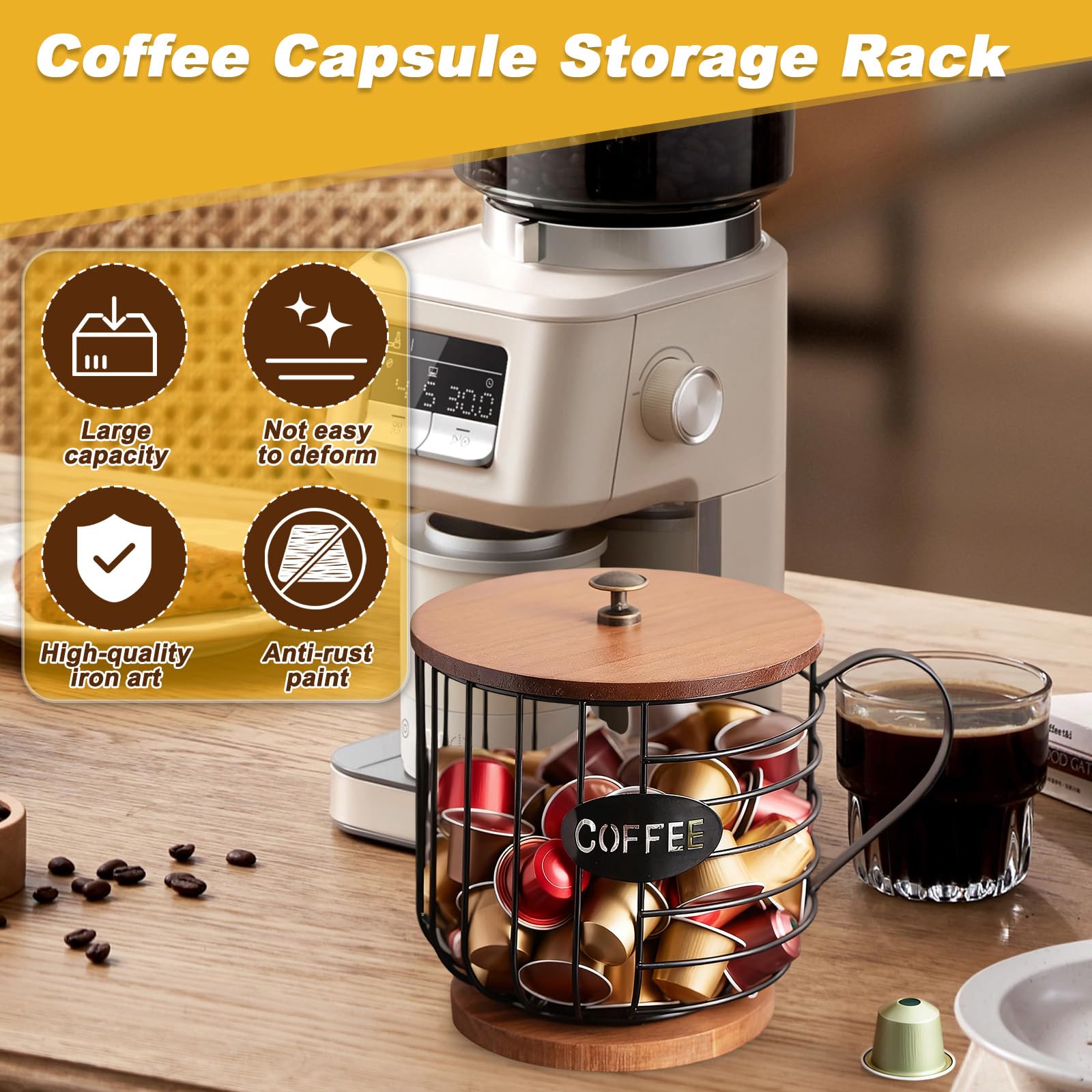 Porta Cialde Caffè Bancone con Coperchio Legno, Organizzatore Capsule Caffè Rotondo Cestello Portaoggetti Capiente, Portacialde Accessori Bar Contenitore Gabbie Ferro Nero per Lavoro Della Cucina