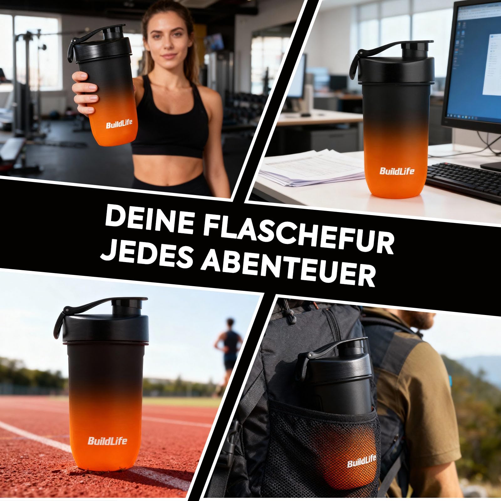 Shaker proteinowy 600 ml – szczelny, nie zawiera BPA, łatwe czyszczenie, tritan, mieszacz spiralny do kremowych szejków, nadaje się do mycia w zmywarce – shaker do białek premium (czarno-pomarańczowy)