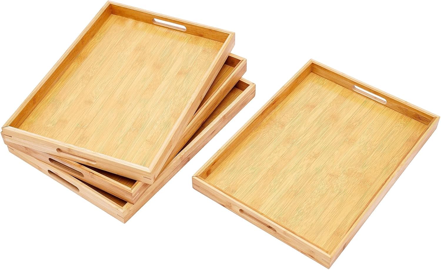 Set di 4 Vassoi da Portata in bambù da 45x33 Cm - Vassoio Rettangolare in Legno con Manici per caffè, tè, Colazione, Soggiorno, Cucina, Camera da Letto.