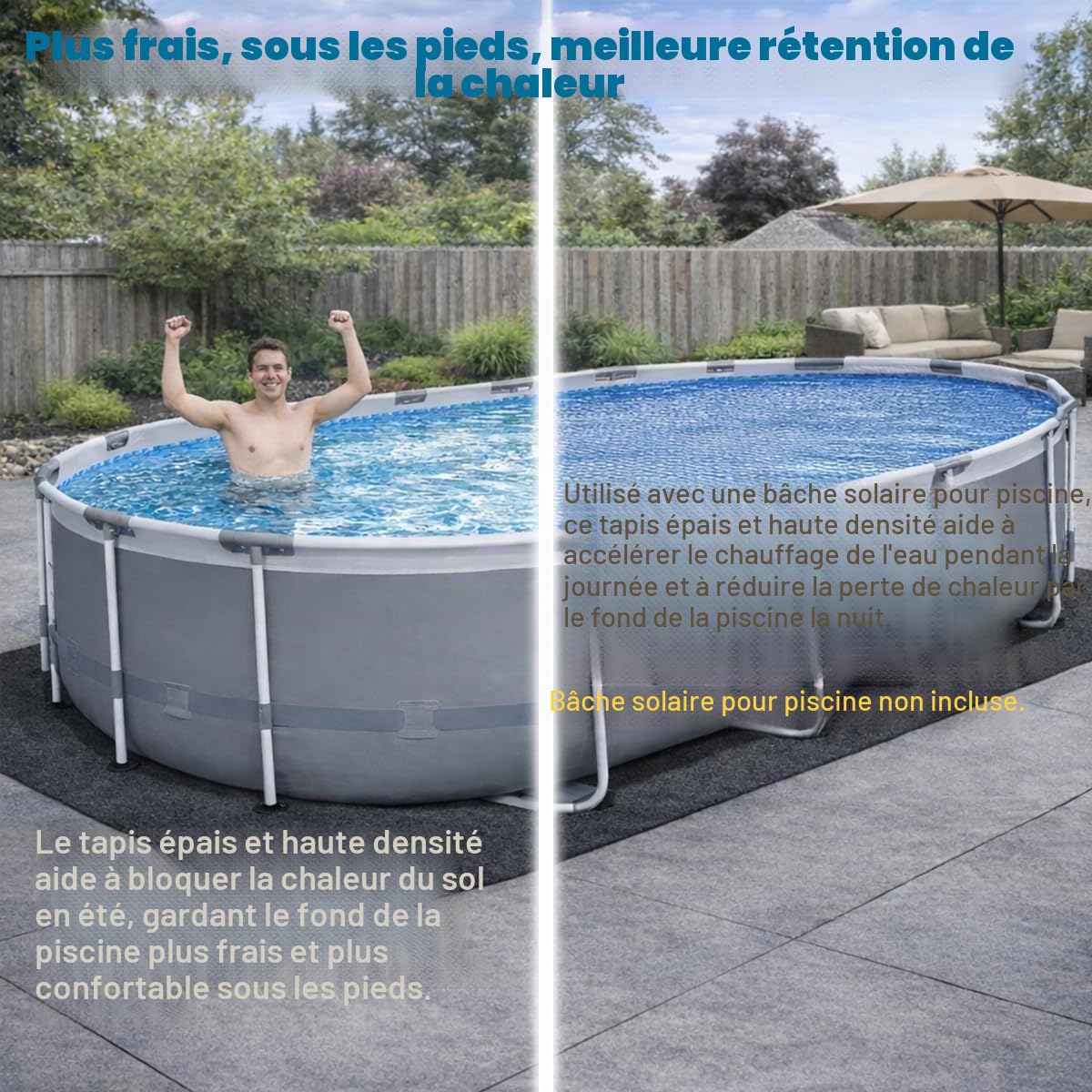 Tapis de piscine rectangulaire extra-épais pour piscine hors sol, 1,98 x 3,05 m, confort sans couture sous les pieds, tapis en fibre synthétique noire de qualité industrielle résistant aux