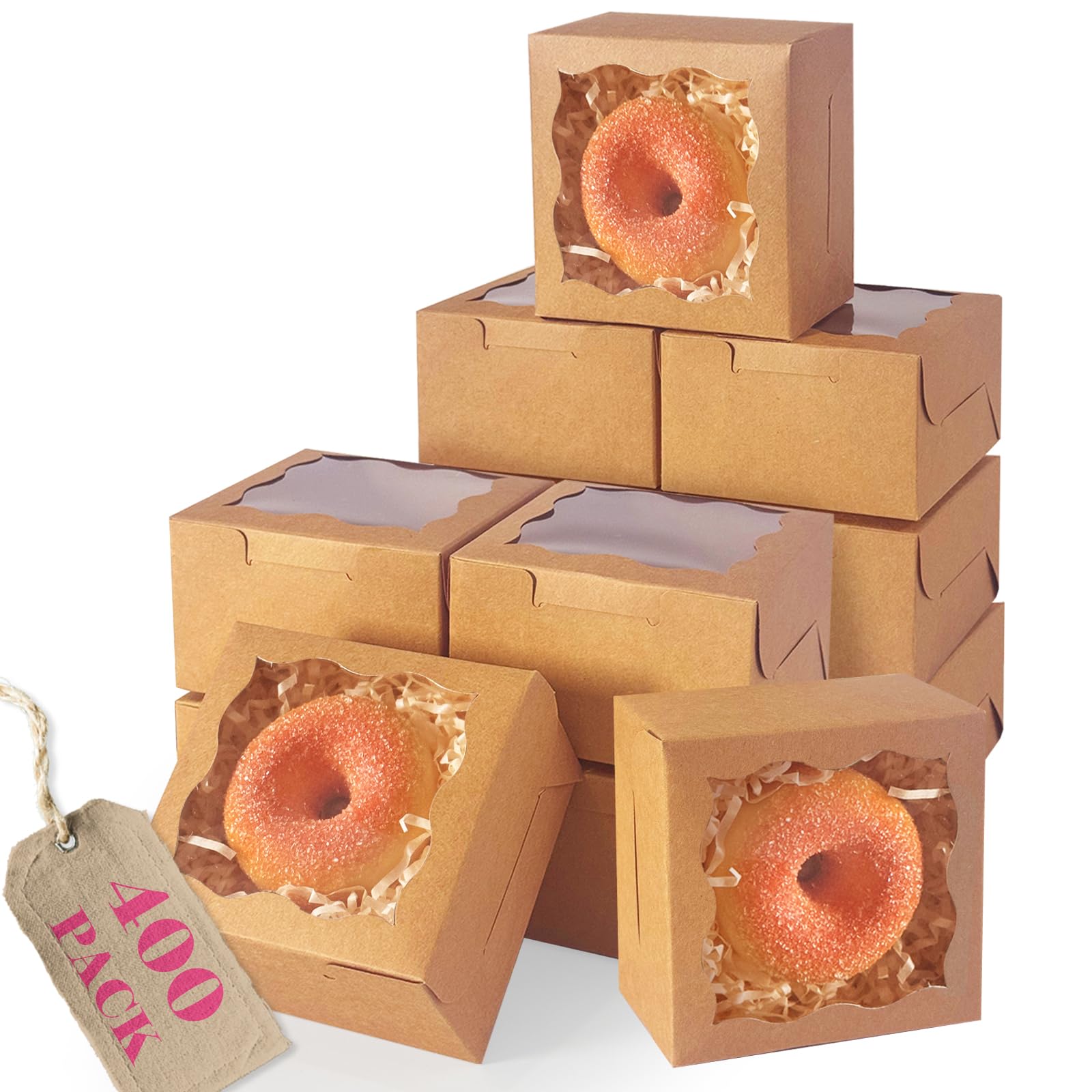 Qiqee Brown 400Pcs Bakery Box With Window 4"X4"X2.5" Macaron Boxes Small Donut Pastry Boxes For Party Mini Cookie Boxes