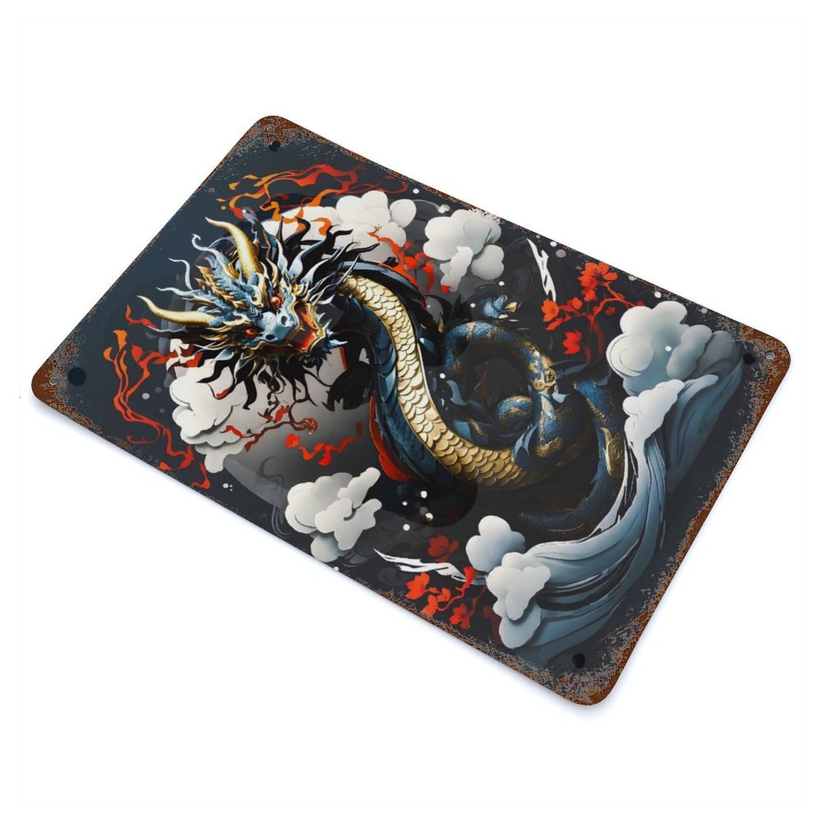 Rustic Tin Plaque Dragon Clouds 11.8"x7.9", Rustic Home Decor for Office, Studio And Wall Decor