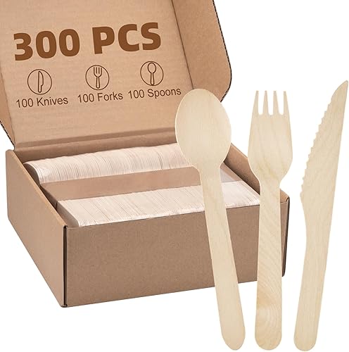 WISYOK Juego de cubiertos de madera compostables de 300 piezas, cubiertos desechables de madera (100 tenedores  100 cucharas  100 cuchillos) Juego