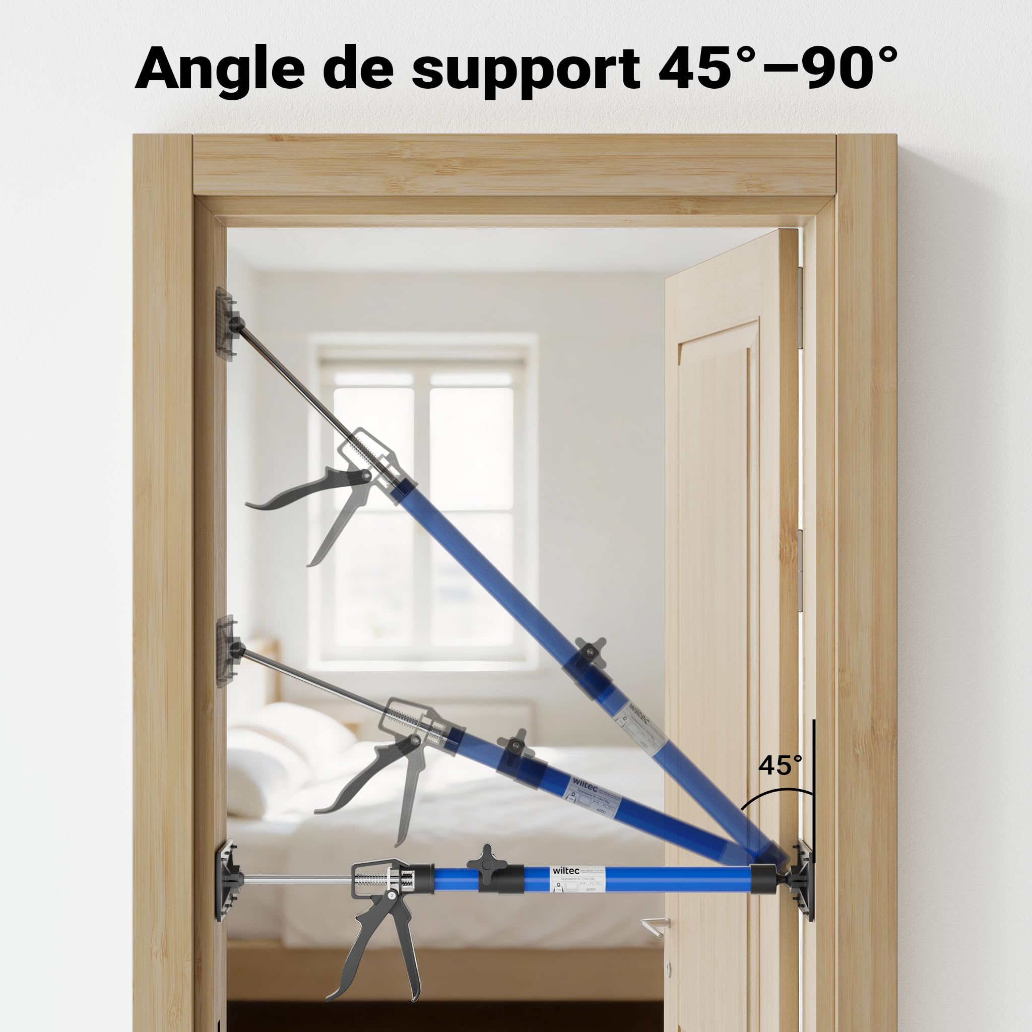 Wiltec Set 3x Étai de porte télescopique - tige 51-113,05 cm Réglage en continu/charge max. 30 kg - avec Plaques de pression inclinables - Écarteur Tendeur de pose dormant cadre