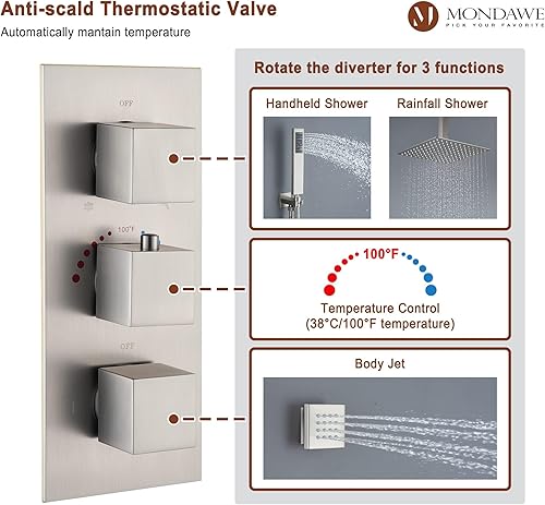 Miniatura 4 de MONDAWE Sistema de ducha termostático con 6 chorros corporales, cabezal de ducha de lluvia montado en el techo de 12 pulgadas con combo de mano,