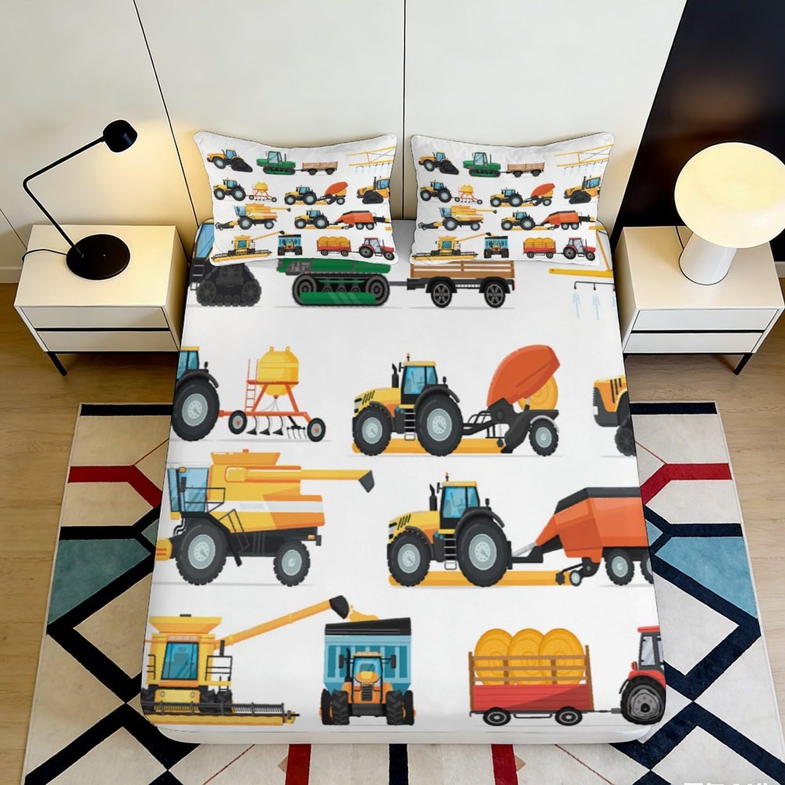 3D Printed Construction Vehicles Fitted Sheet Microfiber Soft Breathable Trucks Bed Cover for Bedroom Dorm Decor 90x200x25cm