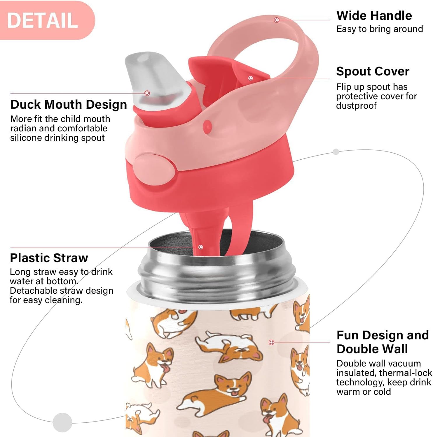 Blueangle Cartoon Corgis Pattern Kids Water Bottle with Straw Lid, 12oz Stainless Steel Insulated Water Reusable Leak Proof Water Bottle for School