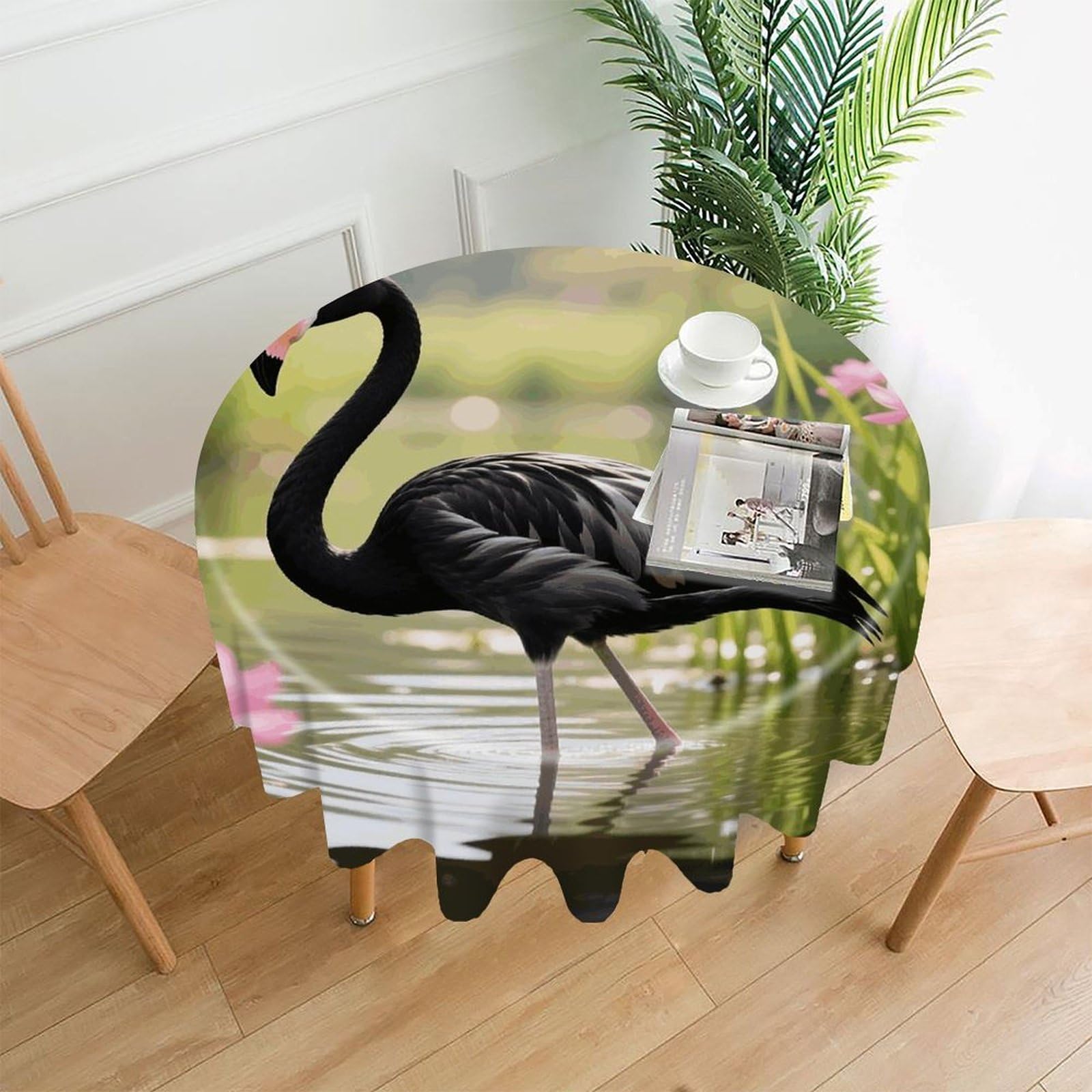 VstaDank Black Flamingo Table Cloth Fashions Washable Round Tablecloth Decorative Table Cover Comfortable Straight Edge Tablecover for Dining Kitchen Party Outdoor 60 Inch