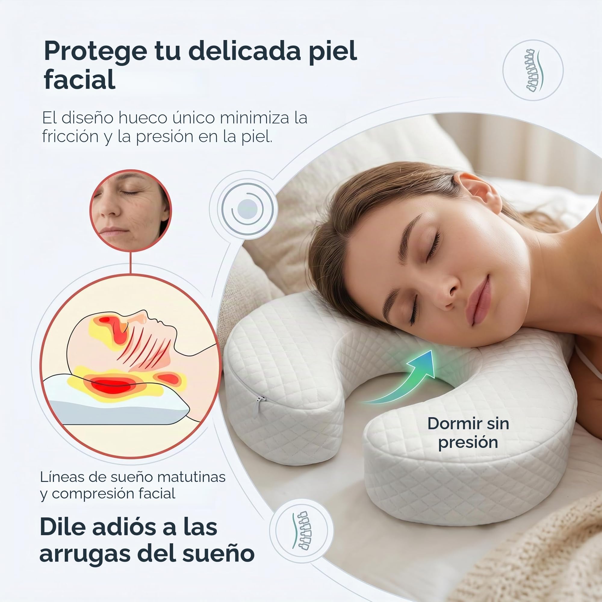 Almohada Viscoelástica Antiarrugas, Almohada Ergonómica para Dormir de Lado, Espalda y Estómago, Almohada Cervical con Diseño en U de Espuma Viscoelástica, 55x27x9cm