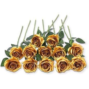 Laelfe 12 Pcs Artificial Rose Flowers 53cm Long Stem Gold